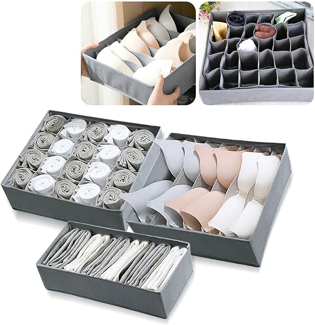 Trading Innovation Pack of 3 Foldable Underwear Drawer Organisers | Cabinet Closet Dividers | Undergarments Storage Organizer for Socks Bras Scarves Ties and Wardrobe Storage Boxes