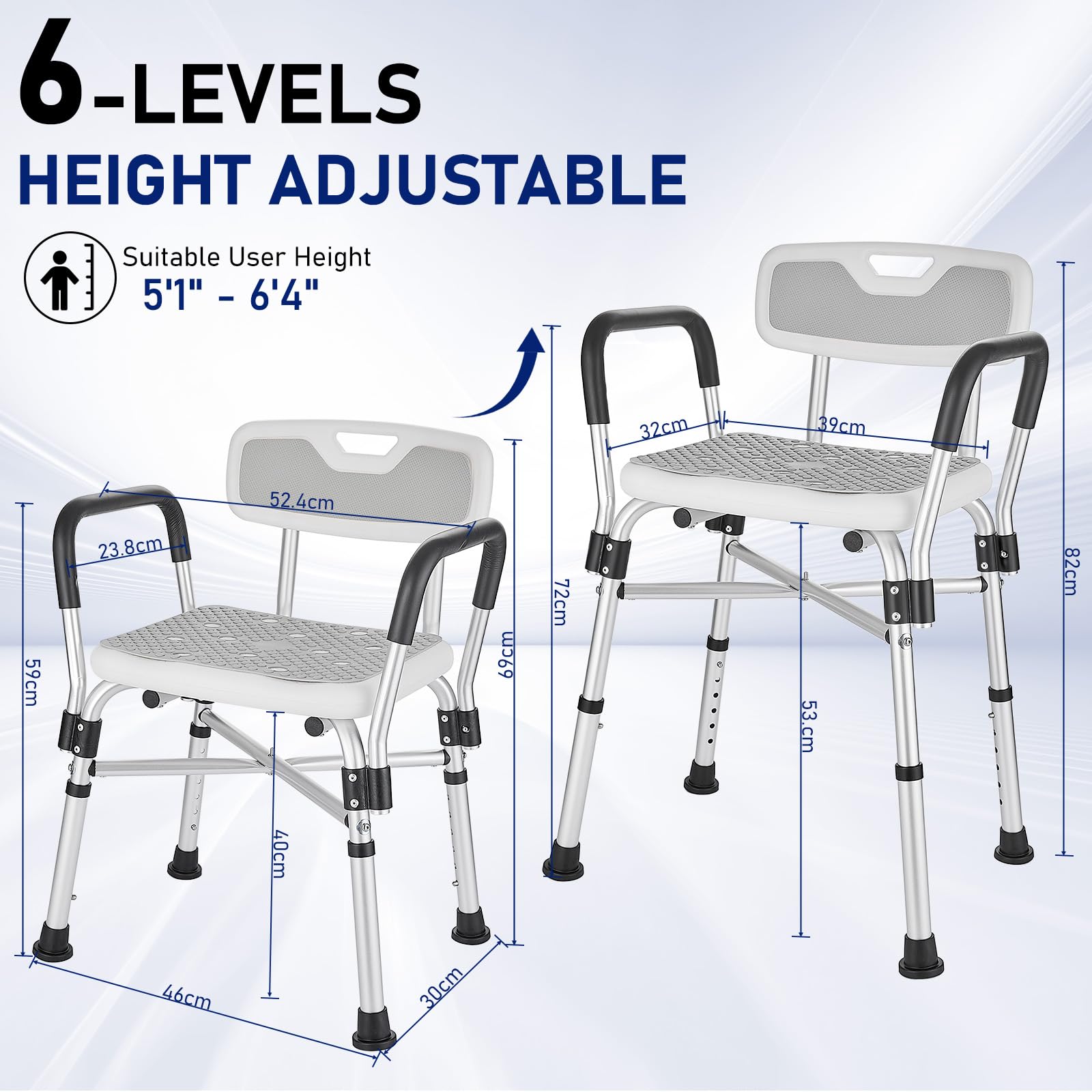 Silla de Ducha para Ducha con Brazos y Respaldo,Pesado Taburete de Ducha, 6 Altura Ajustable,Antideslizante, Silla Ducha para Personas Mayores y Discapacitadas Gris 180kg
