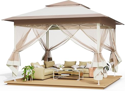 TLSUNNY 13 X 13 Pop Up Gazebo, Outdoor Canopy Tent W/4 Mesh Walls & Wheeled Bag, Screened Shelter with Netting, One-Person Set Up, Height Adjustable, for Patio, Yard, Party, Garden Khaki