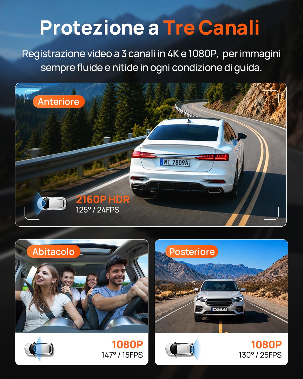 70mai Dash Cam Auto 4K 3 Canali T800E · Telecamera Tripla 4K+1080P+1080P — immagine 2 di 15