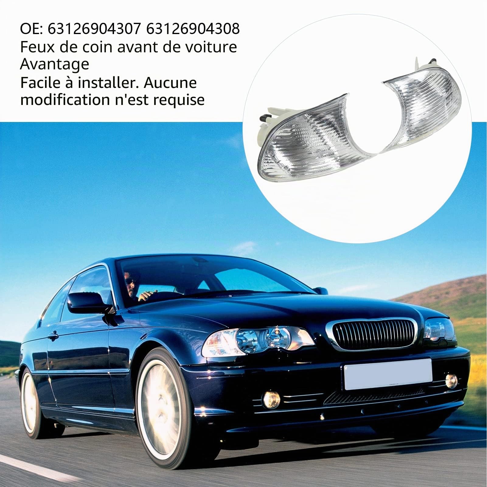 Tbest Clignotants D'angle, Feux D'angle Avant de Voiture Gauche Droite Lentille Transparente Clignotants de Remplacement pour 3 Series E46 Coupé 1998 à 2001(Blanc 63126904307 63126904308)