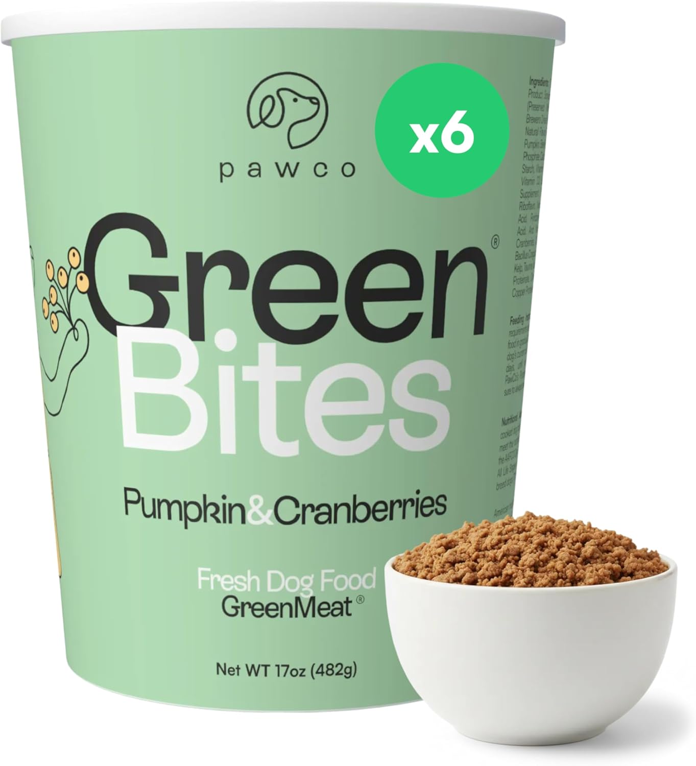 PawCo Fresh Dog Food – Supports Energy, Digestion & Overall Health – Pumpkin Recipe with Cranberries, Omega-3, Antioxidants, Fiber & Probiotics – GreenBites – Pack of 6 x 17oz