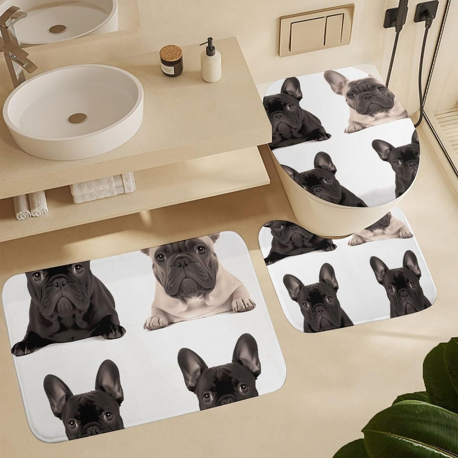 French Bulldog Shower Curtain Set 4 Piece, Non-Slip Bath Mat with Toilet Lid Cover and Waterproof Shower Curtain with 12 Hooks, Complete Bathroom Set for Home Decor