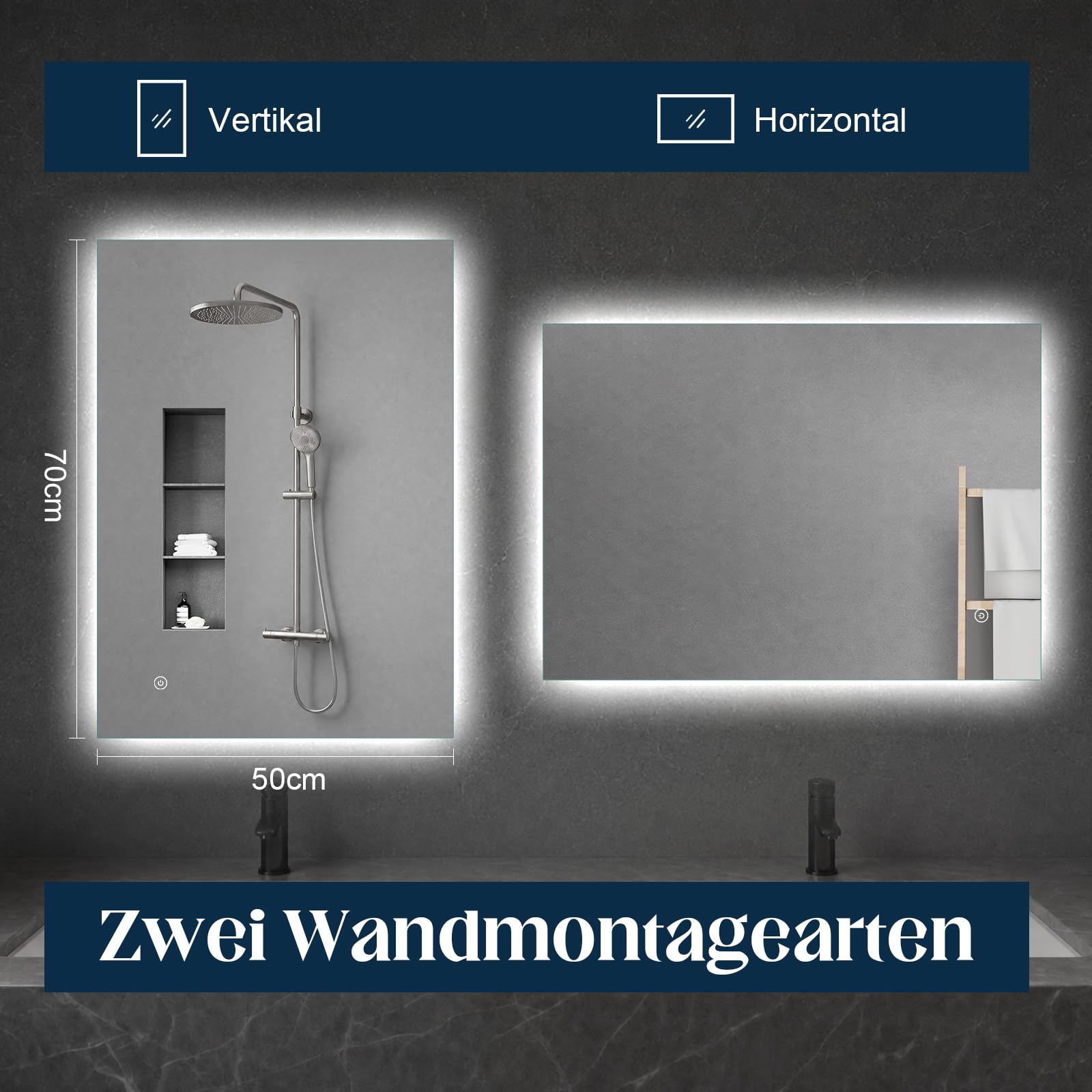 Spiegel-mit-Beleuchtung 50x70cm - Badezimmerspiegel Badspiegel-mit-Beleuchtung, Touch Schalter, 3 Lichtfarben, Dimmbar LED-Spiegel-Bad