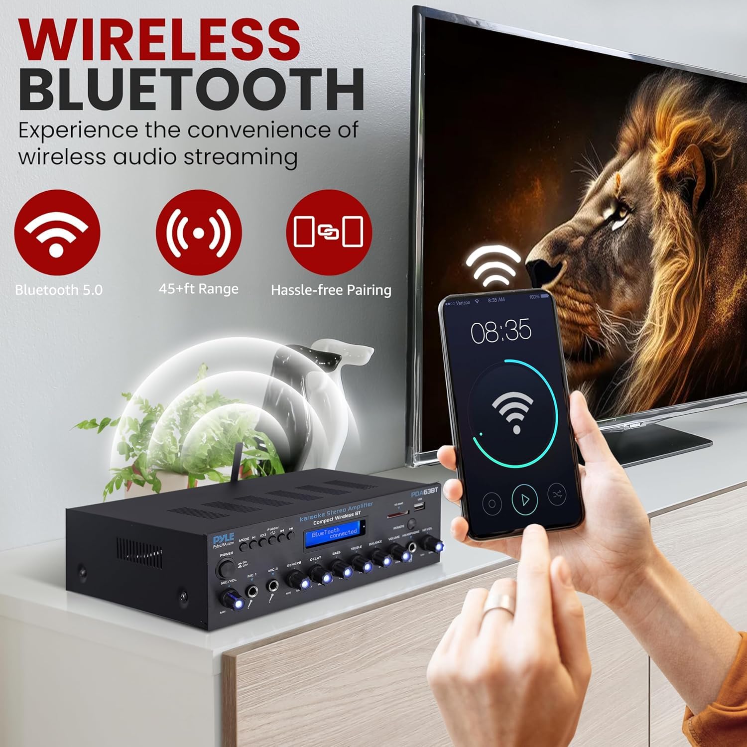 Pyle Amplificatore Audio Stereo Wireless BT, Multi Canale, 200 Watt, Ricevitore Audio Domestico con Radio FM, USB SD, AUX, RCA, Ingresso Microfono, Antenna BT e FM