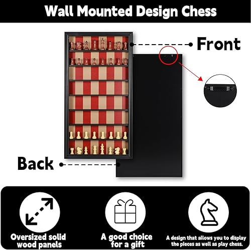 Miniatura 5 de Juego de mesa gigante montado en la pared, juego de ajedrez de madera con un juego completo de piezas de ajedrez talladas, gabinete vertical para