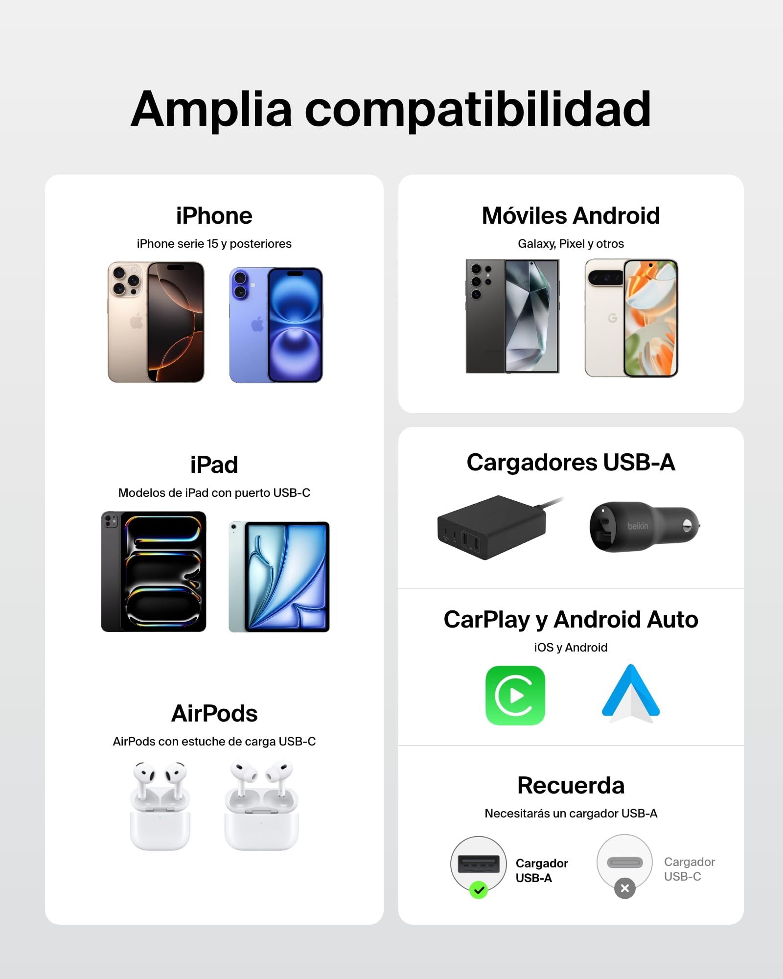 Belkin Paquete de 2 Cables Trenzados USB-A a USB-C de 1,5 m (15 W), carga rápida, cables de alimentación flexibles USB tipo C para iPhone 17 y 16, Galaxy S25, Pixel 10, iPad Pro y otros, Blanco