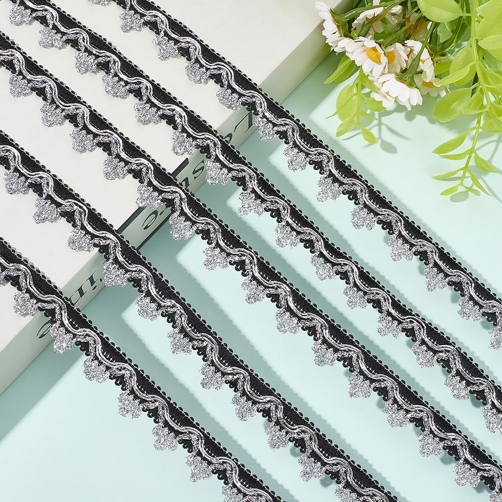 GORGECRAFT 24 Yards x 20mm Metallic Lace Ribbon Filigree Edging Decorative Trim Black Silver Glitter Wavy Edge Applique Woven Trim Embroidered Fabric Ribbon for Sewing Wedding Headband Curtain - Image 3