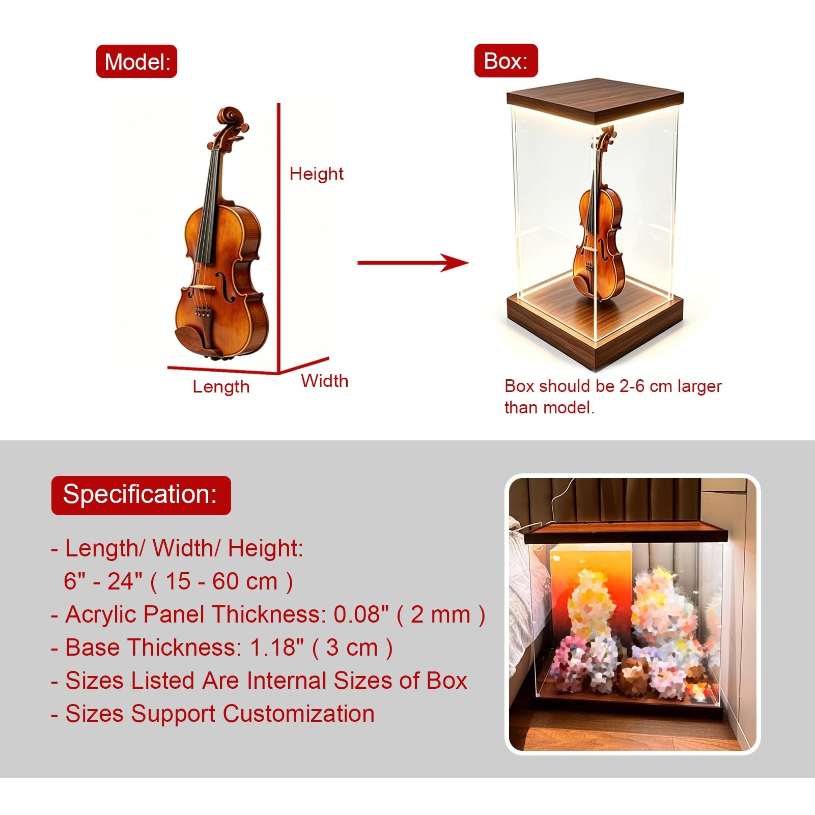Teca Plexiglass Vetrina Lunga Trasparente Dimmerabile con Base e Coperchio | Grande Vetrina Antipolvere in Acrilico per Bambole e Statuette, Scatola Portaoggetti Illuminata(40x30xH30cm/16x12x12in)