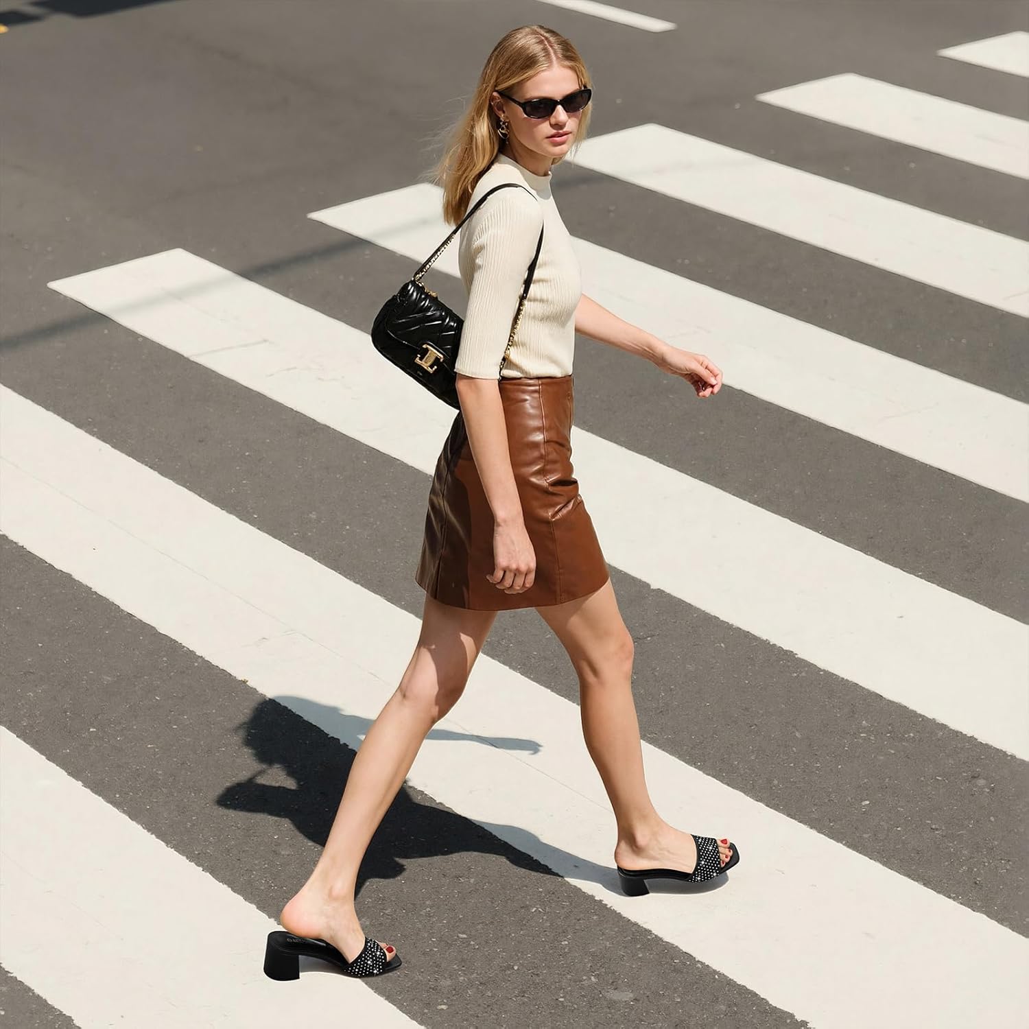 PIZZ ANNU Women's Square Open Toe Heels Sandals Low Block Chunky Heeled Sandal Slip on Mules Comfortable Casual Dress Pumps Shoes - Image 3