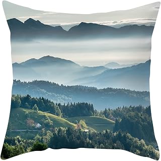 4er - Funda de almohada de 40 x 40 cm, color verde, funda de almohada de poliéster de montaña y árboles para fundas de almohada de sofá