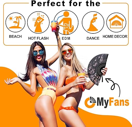 Miniatura 10 de OMyFans Hand Fan for Women Foldable - Folding Chinese Japanese Vintage Bamboo Silk Fan - Ideal for Hot Flashes, Church, EDM, Festivals, Dancing and