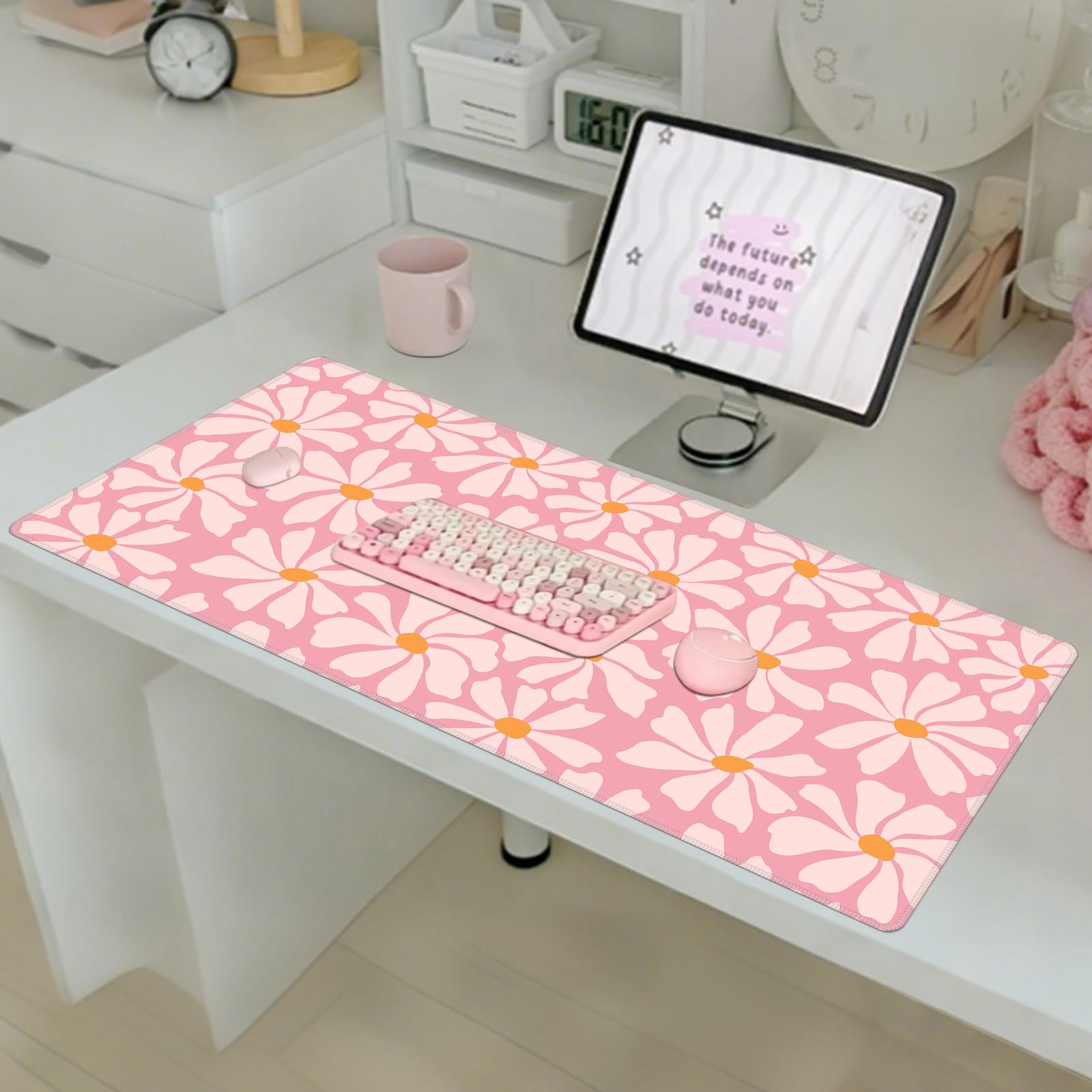 Baziabbo Alfombrilla de escritorio rosa, XXL extendida grande, alfombrilla de mouse para juegos con borde cosido, base de goma antideslizante para teclado para el hogar, oficina, juego de estudio