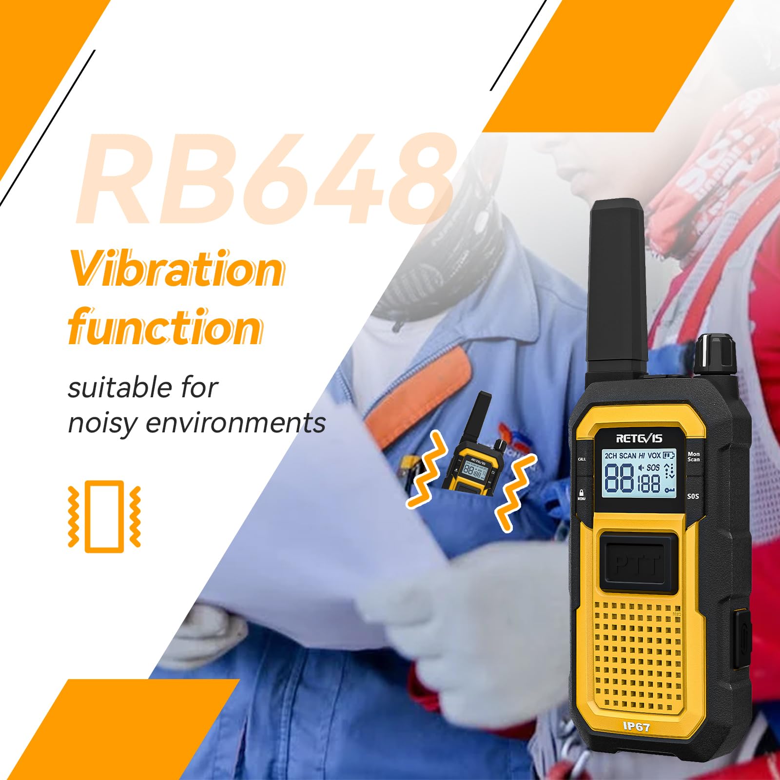 Retevis RB648 Funkgeräte,IP67 Walkie Talkies für Erwachsene Baustelle | Schwimmend,Dual PTT, SOS-Vibration,VOX, 2000mAh, MIL-STD-810H Wasserdichte Walkie Talkies mit Ohrhörer (4 Pack, Gelb)