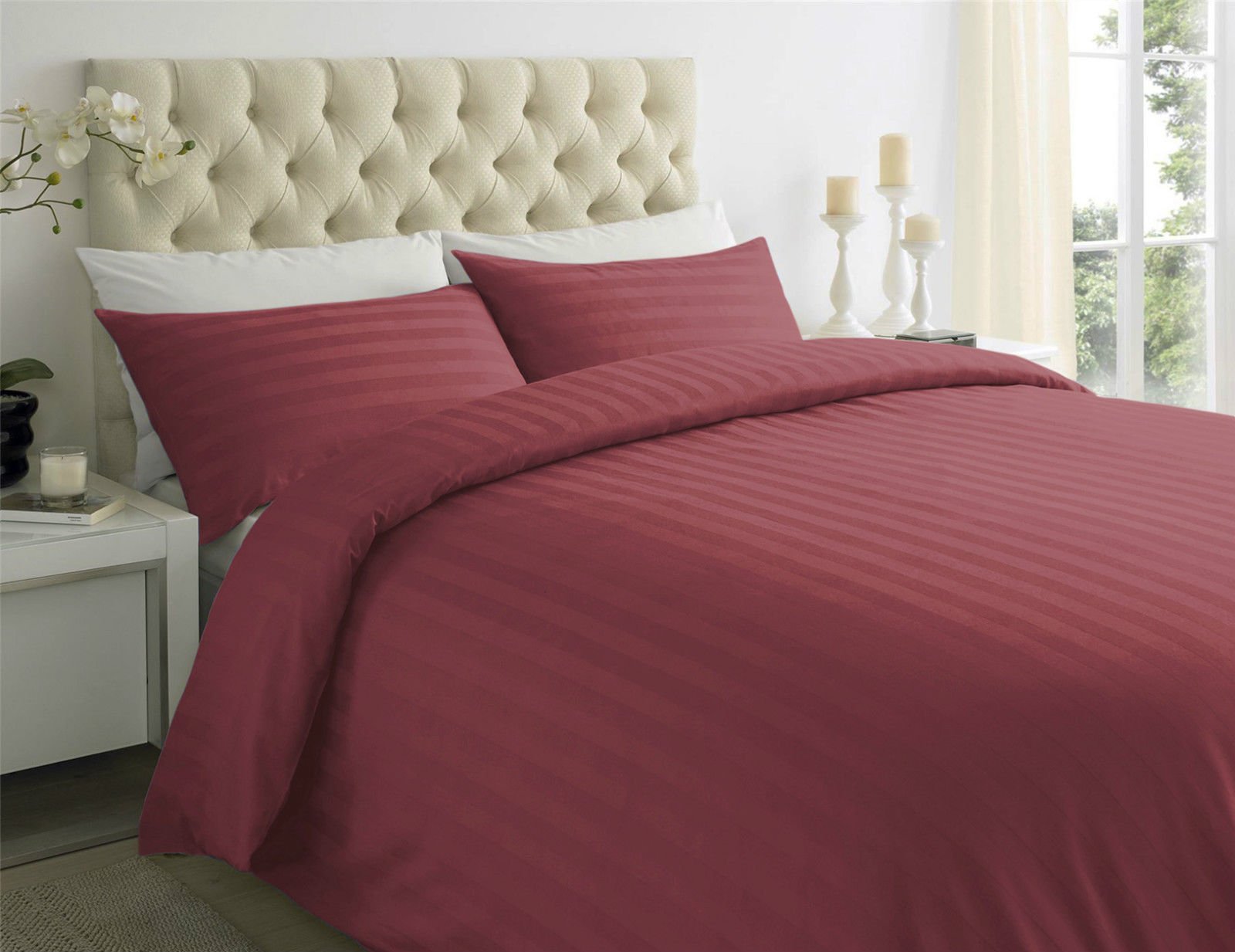 Sapphire Collection Burgundy 100% Stripe Tc400 Egyptian Cotton Duvet Quilt Cover Pillow Cases (King, )