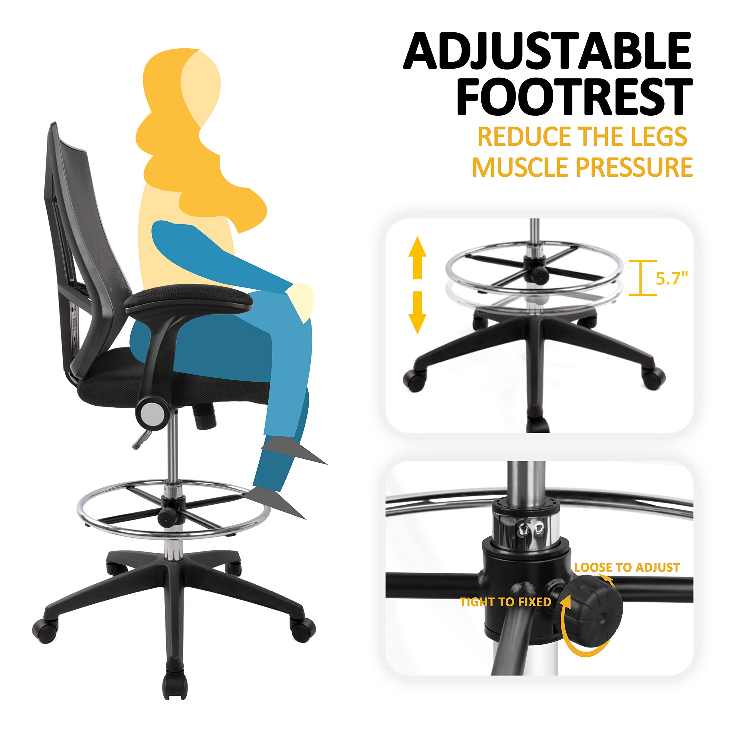 HYLONE Drafting Chair, Tall Office Chair, High Back