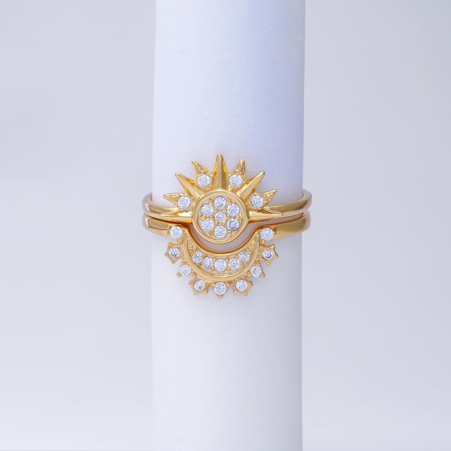 Sun and Moon Ring Set – 14K Gold & 925 Sterling Silver, Adjustable Celestial Rings for Women, Dainty Crystal Moon Star Jewelry, Boho Luxe Gift