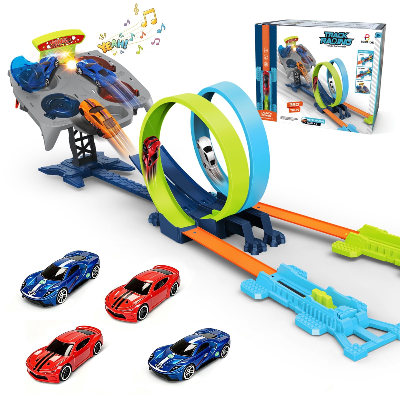 Dual Toy Car Race Track Set for Kids 2 Player Loop &amp; Launch Car Track Toy with Score Points, 4 Metal Alloy Racing Cars, Interactive Sound Effects &amp; Competitive Stunt Challenge for Boys &amp; Girls