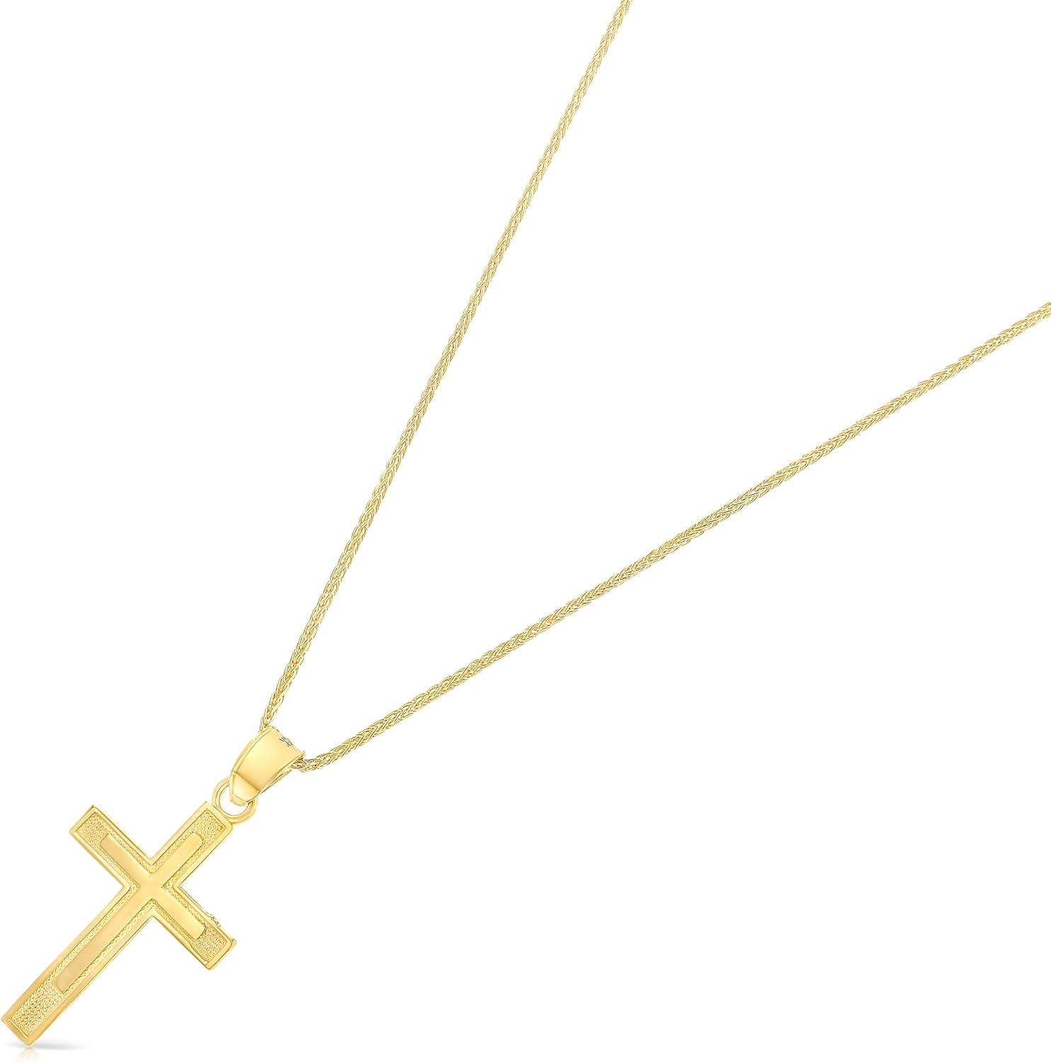 Ioka Real 14K Solid Gold Polished Cross Pendant Necklace With 0.9mm Wheat Chain in 16-24 Inches