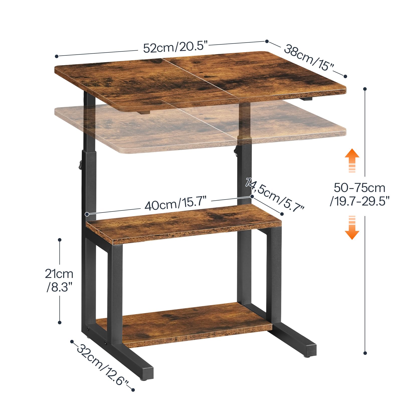 HOOBRO Table d’Appoint en C, Hauteur Réglable de 50 à 75 cm, Table Basse avec 3 Étagères, Plateau Supérieur 52 x 38 cm, pour Canapé, Lit, Bureau, Chambre, Salon, Marron Rustique et Noir EBF81SF01