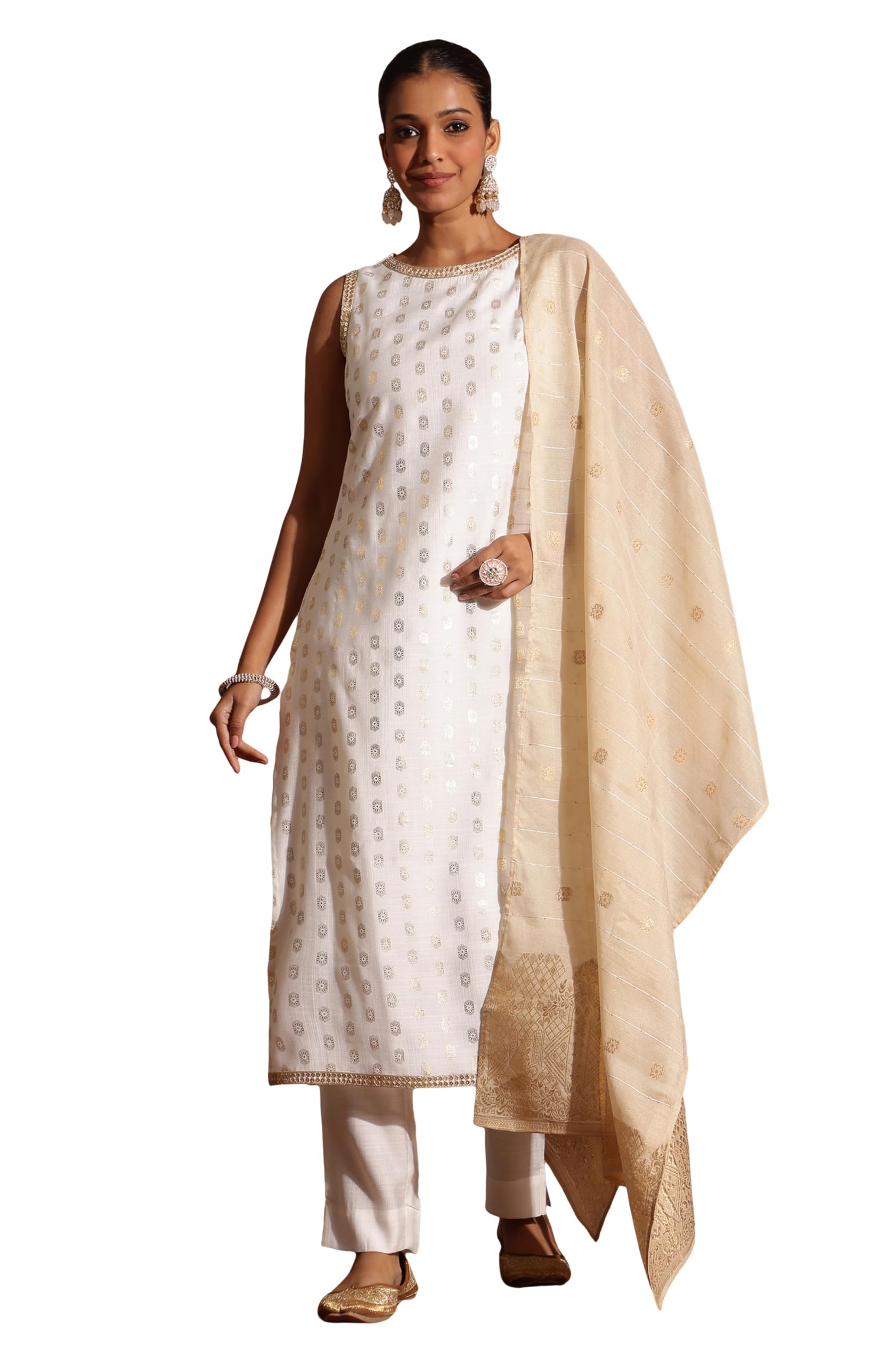 janasya Women's White Silk Blend Embellished Gold Printed Straight Kurta Set-picture-15