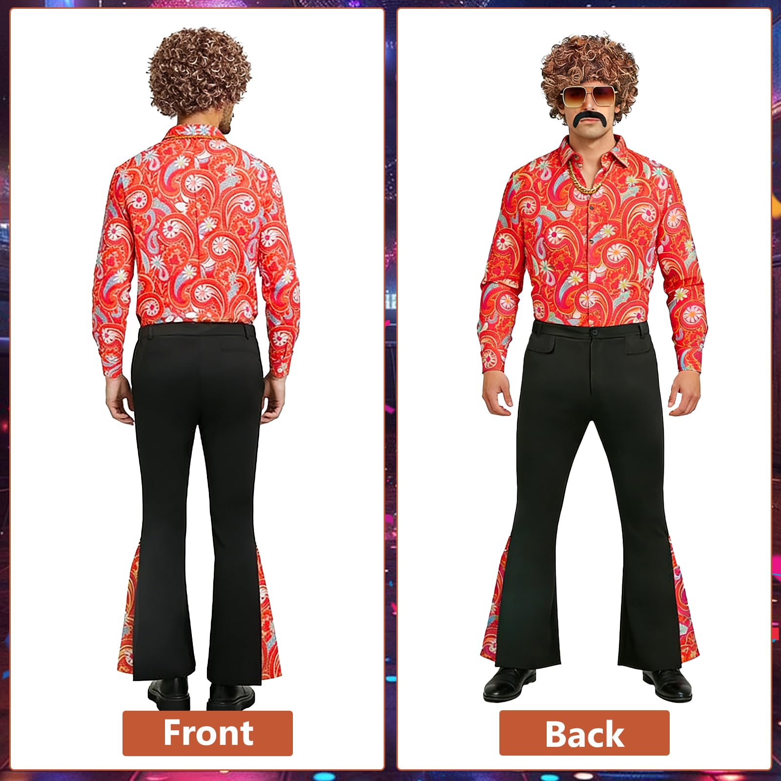 Disfraz Años 70 Hombre, Disfraz de Discoteca para Hombre Años 70 con Camisa, Pantalones, Peluca, Gafas, Barba y Cadena de Oro, Disfraces Originales Carnaval