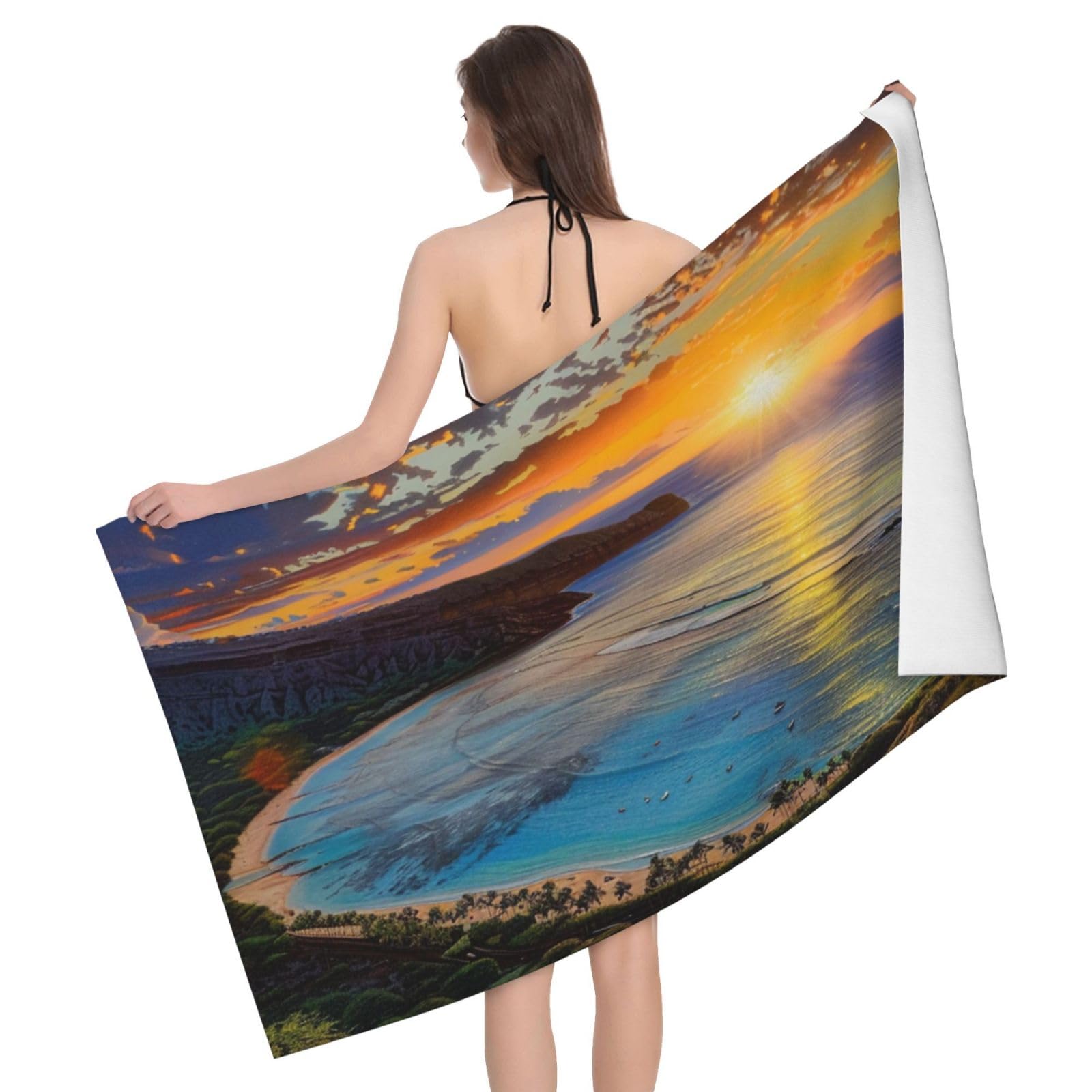 DCEHGEW Sunrise Over Hanauma Bay Oahu Hawaii Printed Microfiber Bath Towels 52x32 Inch, Highly Absorbant Beach Towel Bath Sheets for Bathroom Travel Hotel Spa
