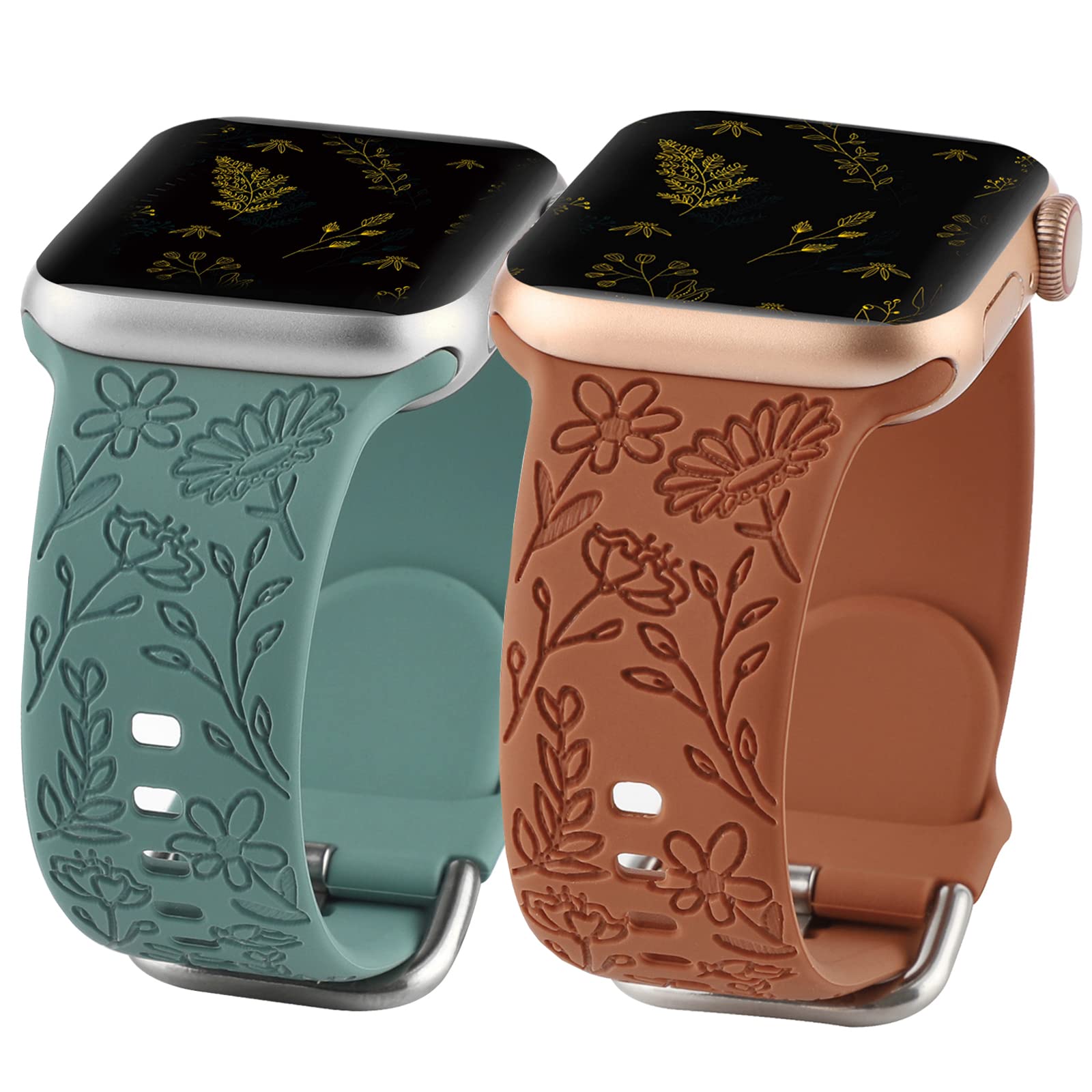 2 Pack Flower Engraved Sport Strap Compatible with Apple Watch Bands 38mm 40mm 41mm, Women Floral Laser Soft Silicone Wristband Replacement iWatch Series 8 7 6 5 4 3 2 1 SE
