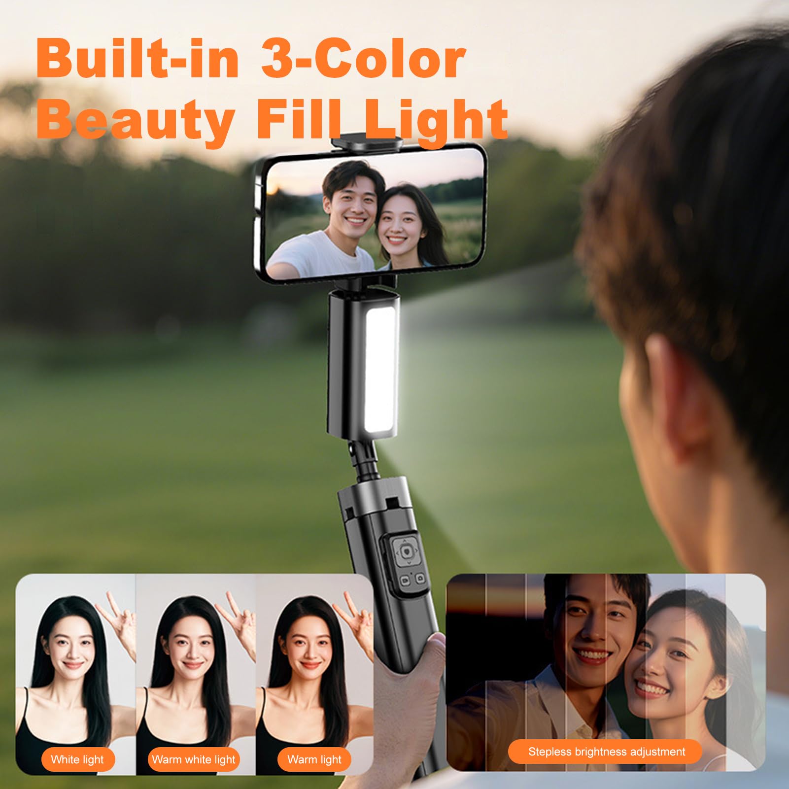 Tosuny Treppiede per Selfie Stick a 4 Gambe, Supporto per Telefono Estensibile in Lega di Alluminio con 27 Luci di Riempimento a LED e Telecomando BT, Compatibile con Smartphone da 4,7