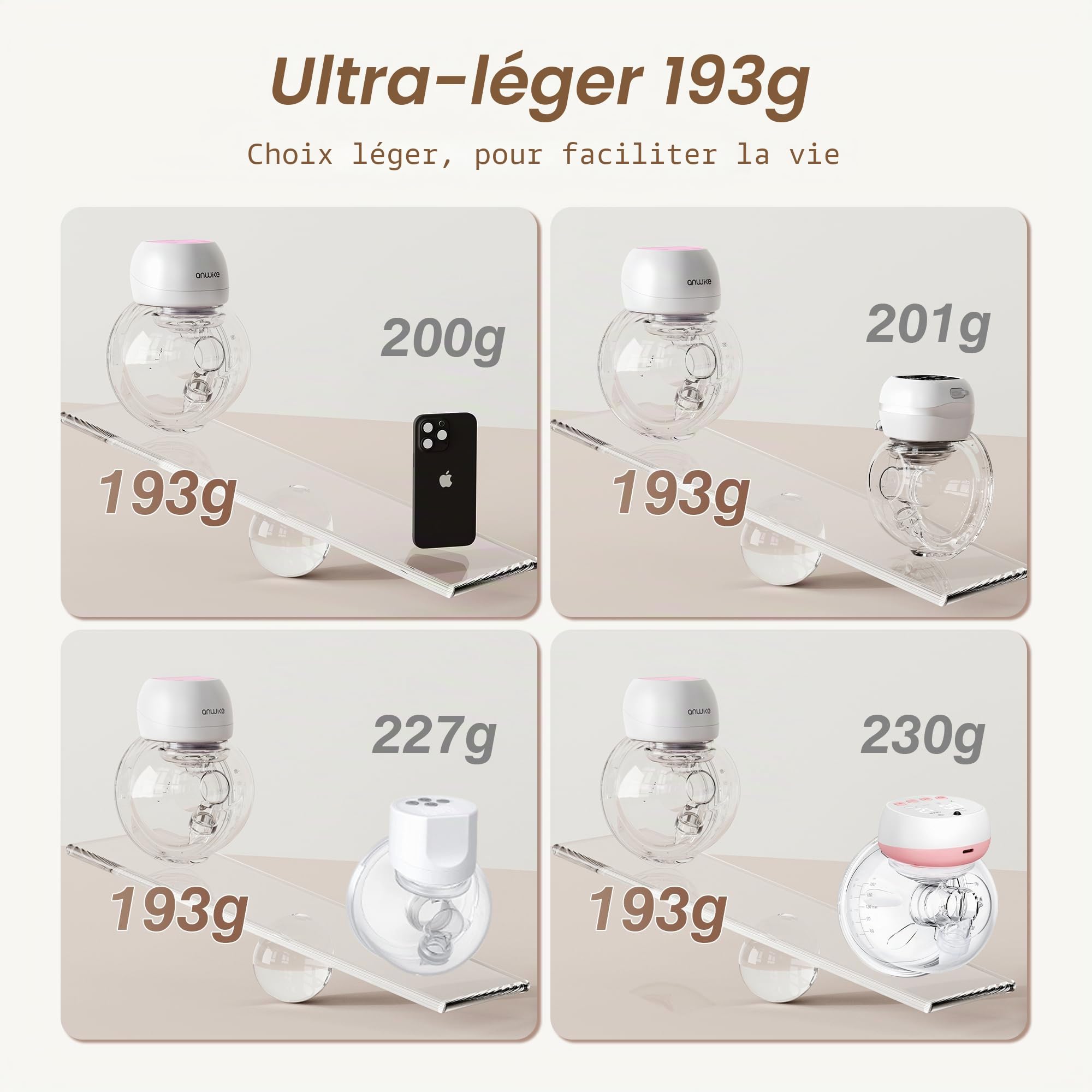 ANWIKE Tire-lait électrique 193 g - Tire-lait mains libres ultra léger avec écran LED, 3 modes 9 niveaux, silencieux < 40 dB, avec brides de 21/24 mm - Idéal pour la maison, la voiture, la pharmacie