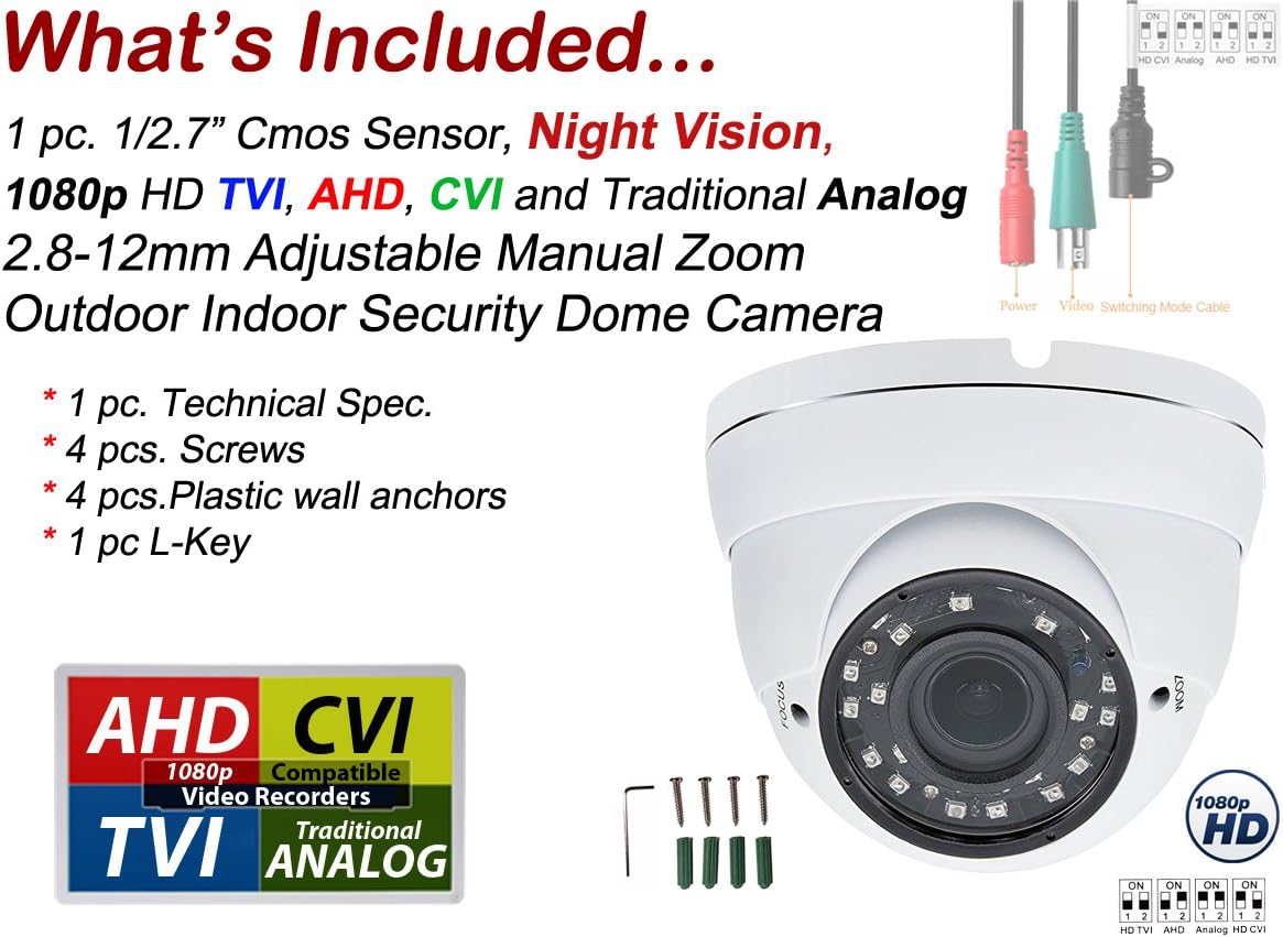 Evertech 1080P Hybrid AHD CVBS TVI CVI 2.8-12mm Varifocal Lens White Security Surveillance Dome Camera