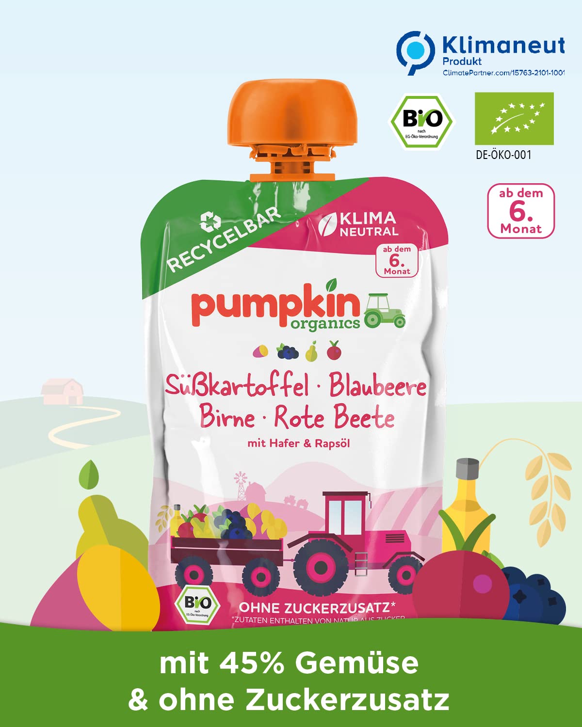 Bio Quetschie Süßkartoffel, Blaubeere, Birne, Rote Beete, Hafer & Rapsöl - Gemüsepüree, Fruchtmus und Getreide für Babys ab dem 6. Monat. Recycelbarer Quetschbeutel, 32er Pack (32x100g)