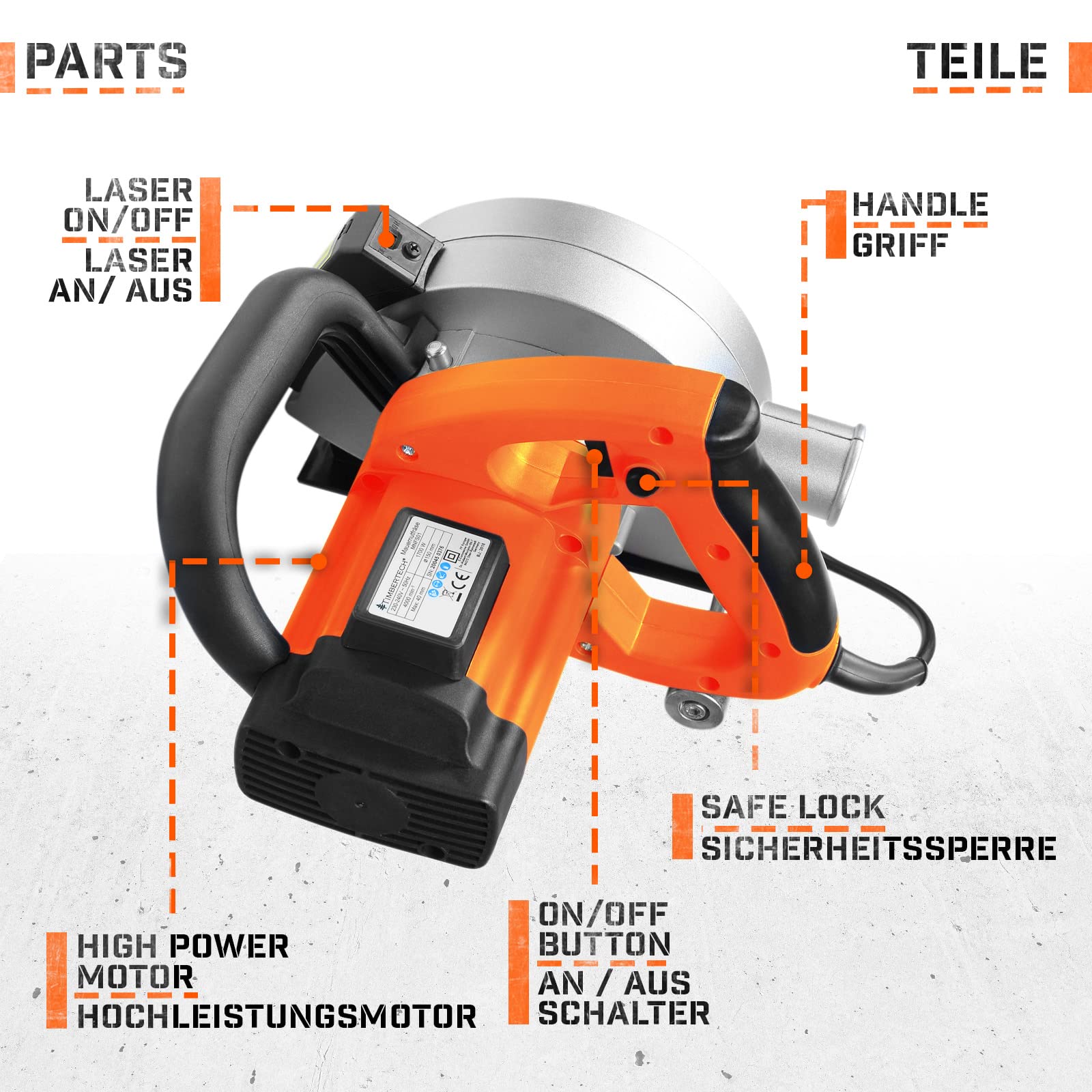 TIMBERTECH® Mauernutfräse mit Laser - 1700W, 4.000 U/min, Nuttiefe bis 40mm, Nutbreite bis 33mm, Diamantscheiben 150mm, Koffer und Absaugung Adapter - Schlitzfräse, Mauerfräse, Wandfräse, Betonfräse