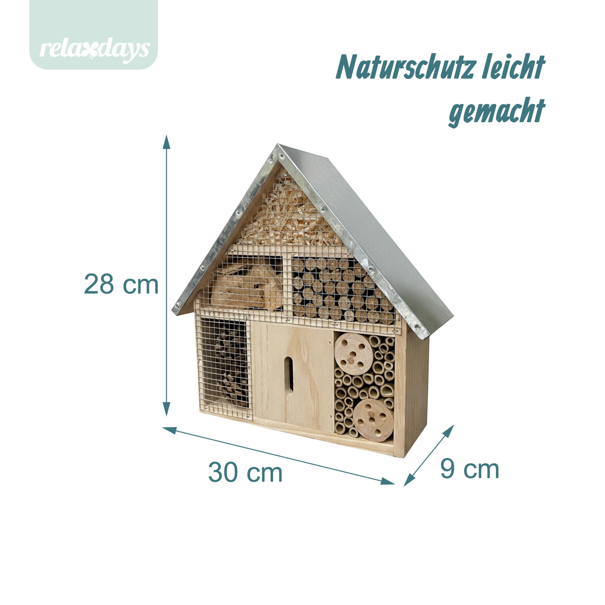 Relaxdays Insektenhotel, Holz, wetterfestes Metalldach, Natur/Silber