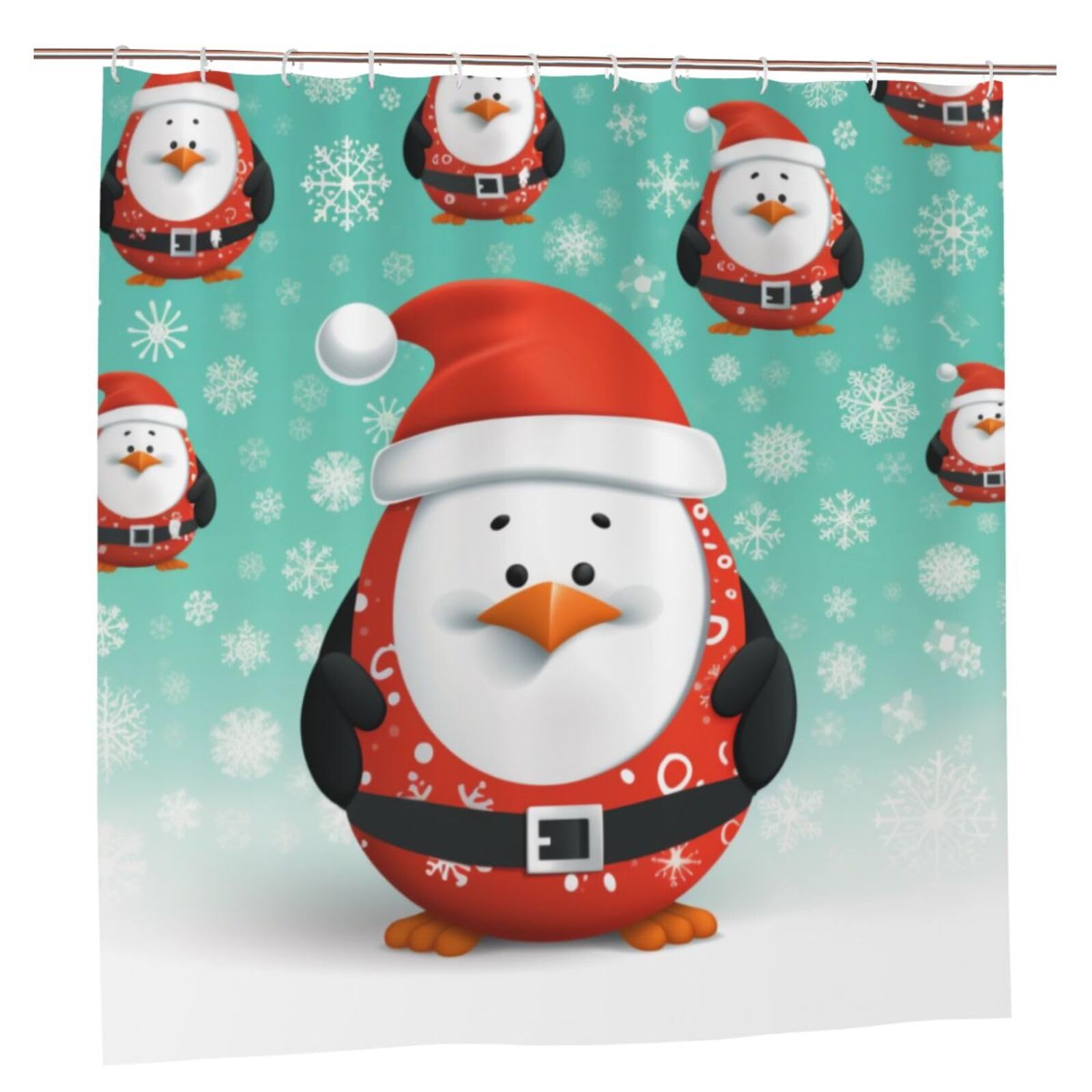 BWWHCCTI Christmas Santa Penguin Printed Shower Curtain With 12 Plastic Hooks Opaque Quick Drying Waterproof Shower Curtains Sets For Bathroom 183x183 CM