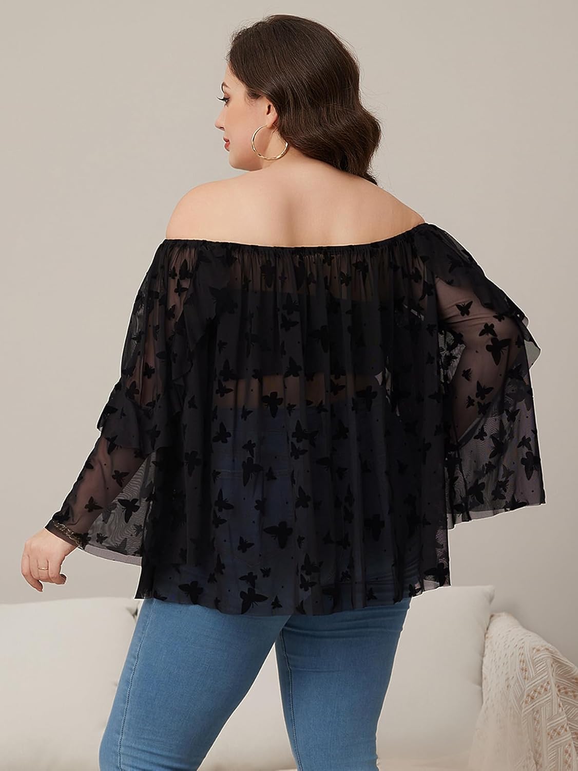 WDIRARA Women's Plus Size Butterfly Print Mesh Off Shoulder Long Sleeve Sheer Sexy Blouse Top - Image 2