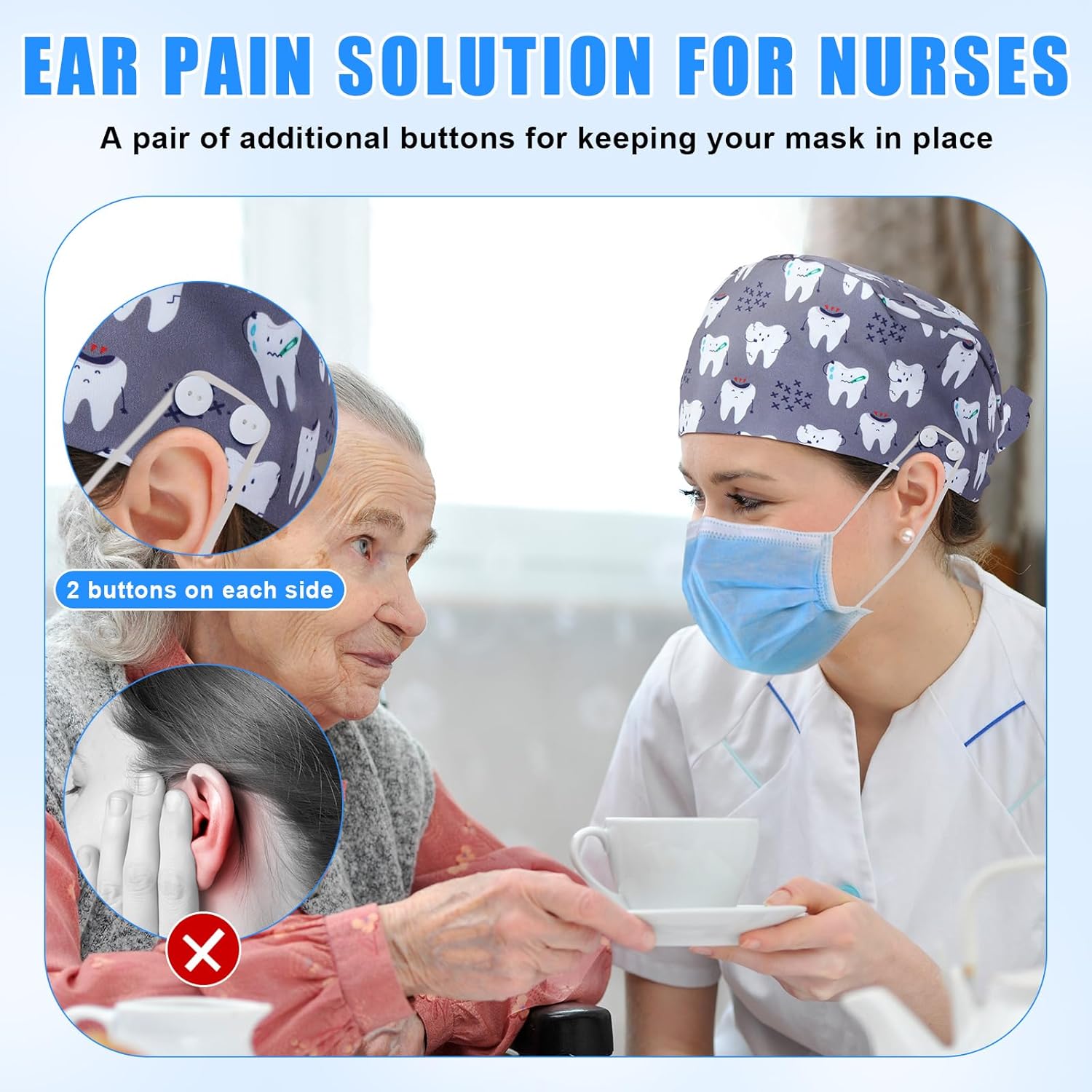 Unittype 4 Pcs Nurse Caps for Women Nursing Working Caps with Button and Sweatband Adjustable Elastic Scrub Hats for Dentist - Image 6