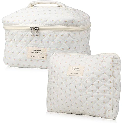Cute Makeup Bag for Women(2 Pcs), Travel Cosmetic Bags, Quilted Coquette Aesthetic Floral Toiletry Organizer Bag (Little Flower)