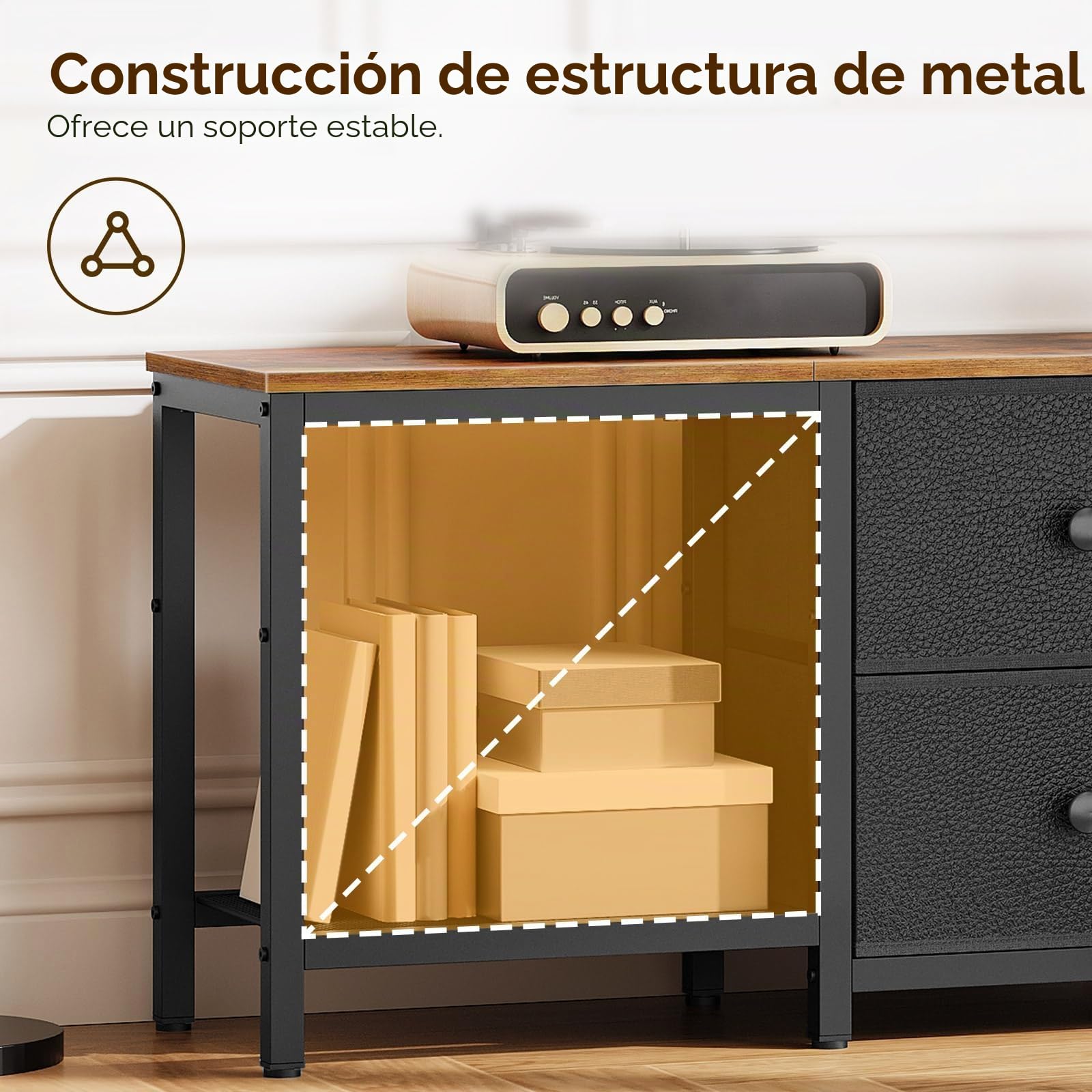YATINEY Mueble para TV, Soporte para Televisor de hasta 55", Mueble Multimedia con Estantes y 2 Cajones, Marco de Metal, para Salón, Dormitorio, 120 x 30 x 50 cm, Marrón Rústico y Negro XDS02BR