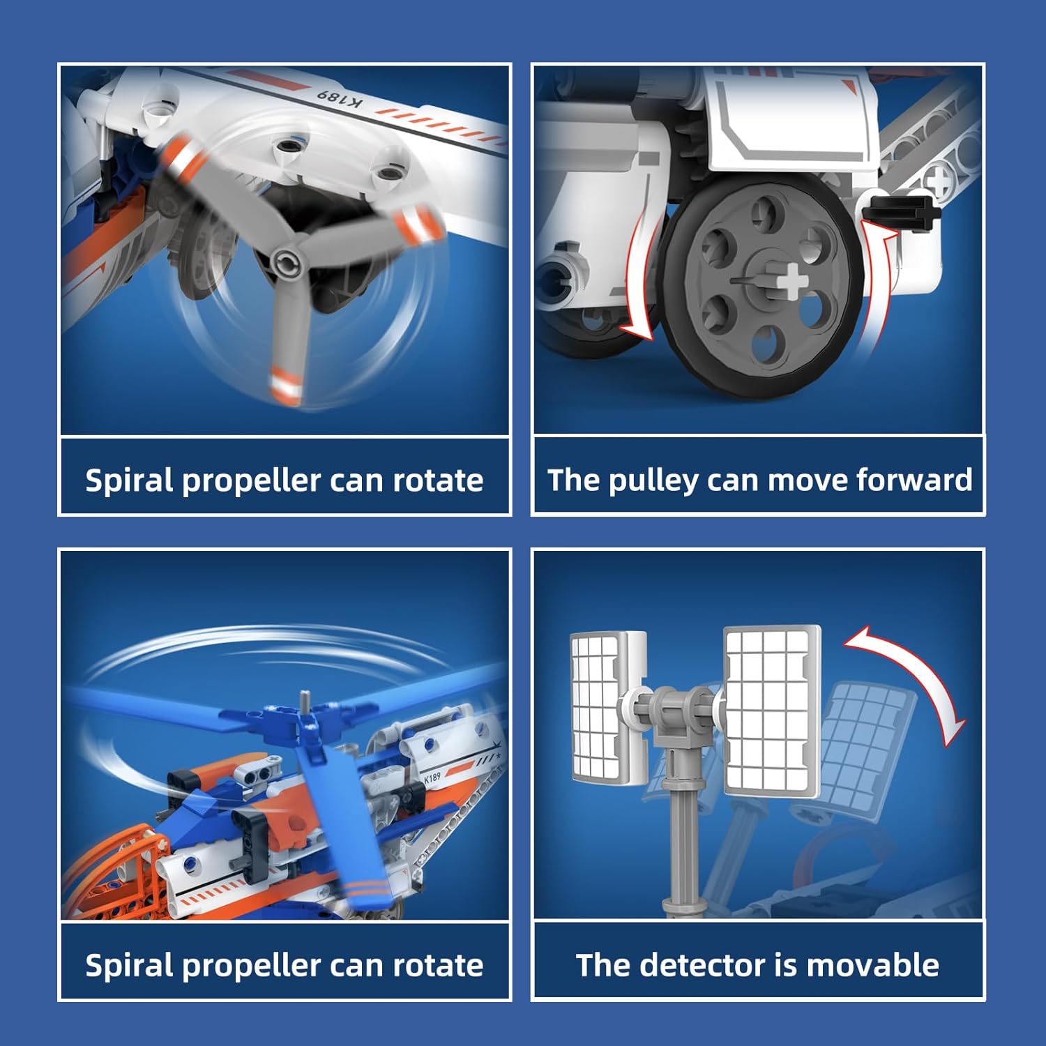 Close-up views of movable parts on the Suplanet aircraft models, including a rotating spiral propeller, a movable pulley, and a movable detector.