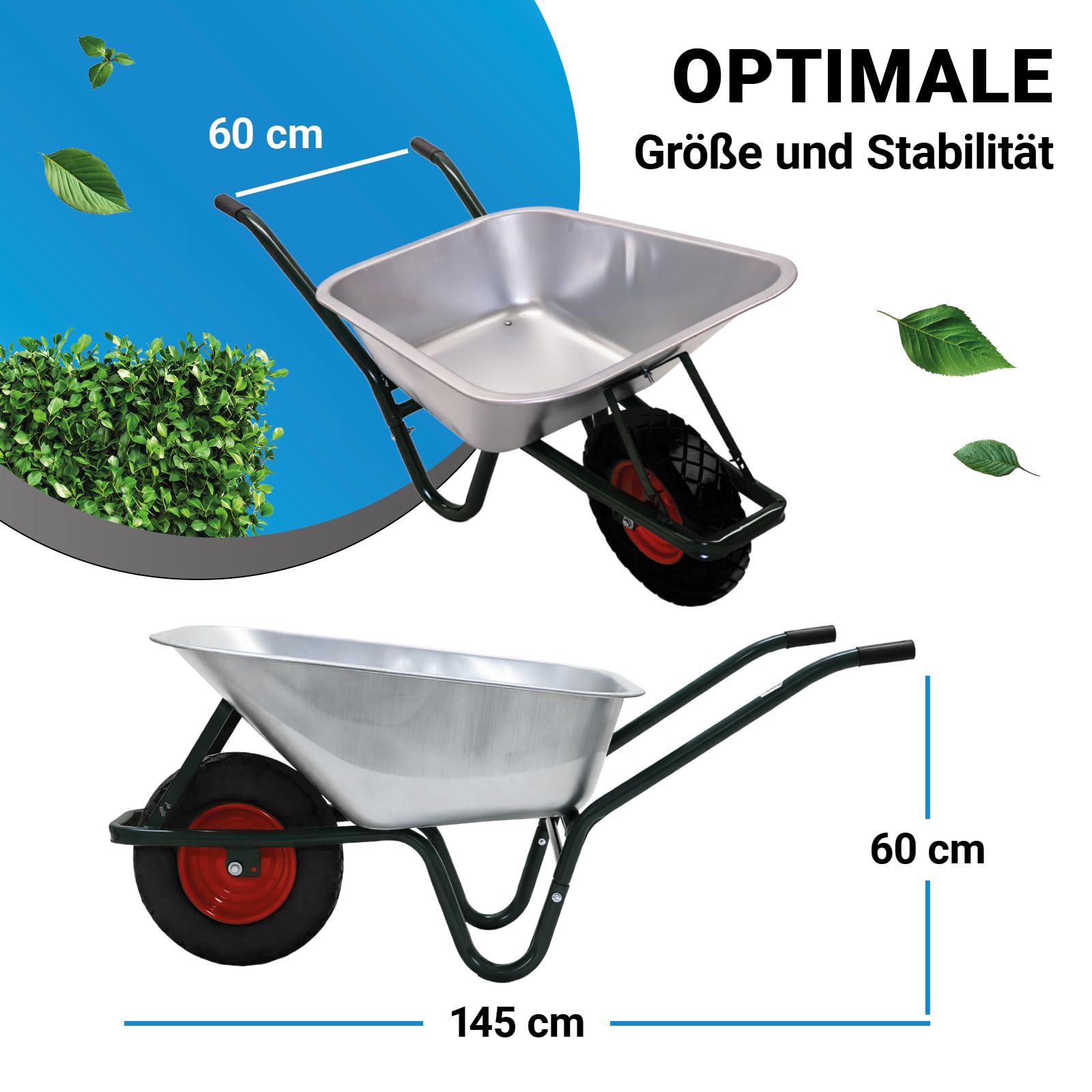BITUXX® Schubkarre 100L / 250Kg Schubkarren Scheibtruhe Schiebkarre Bauschubkarre Verzinkt mit PU Rad 4.80/4.00-8 mit Achse(Schwarz)