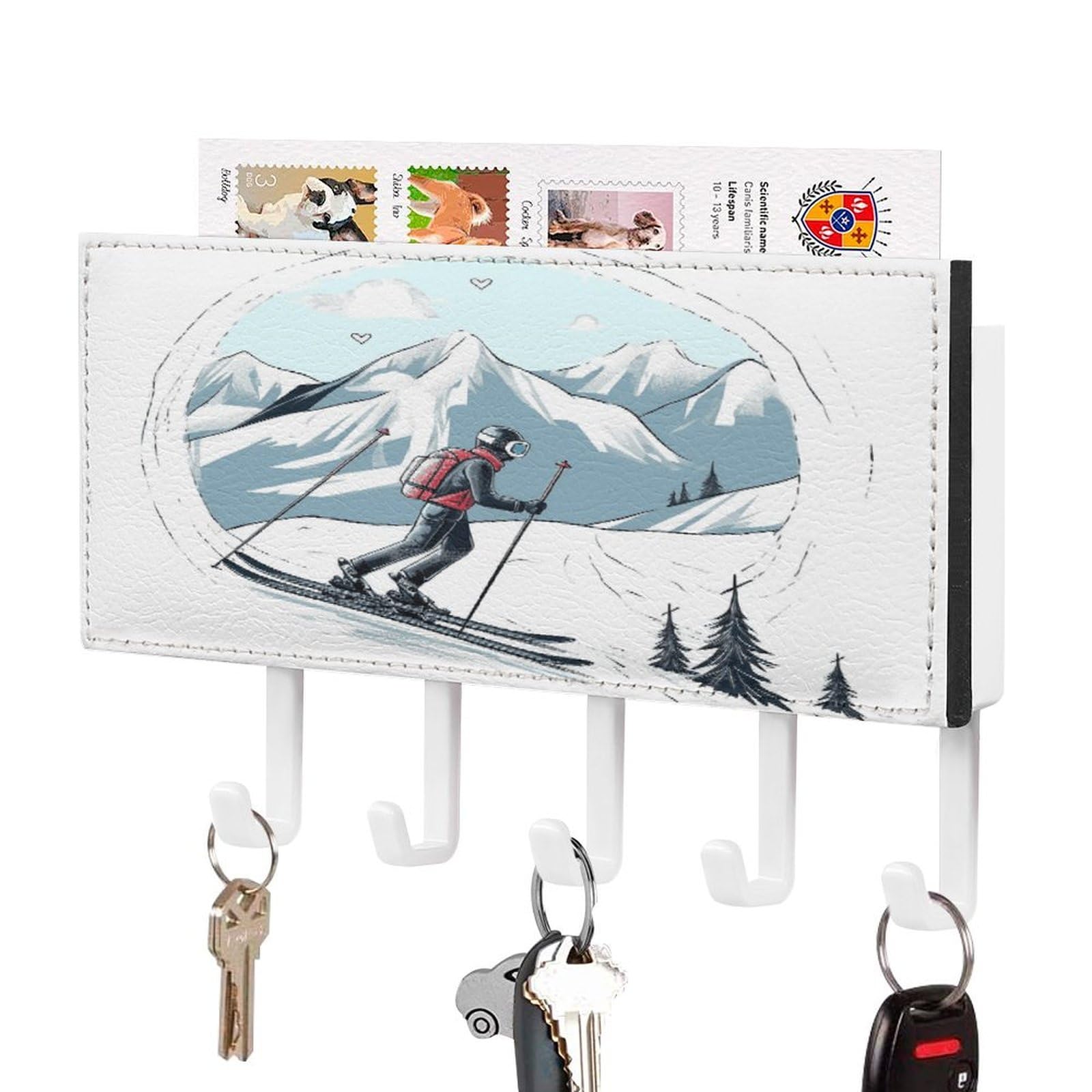 FekiLoot Skiing Theme Key Holder for Wall Decorative Mail Organizer with 5 Key Hook Self Adhesive Key Rack with Tray Coat Rack Wall Mount Key Hanger Decor for Entryway Door