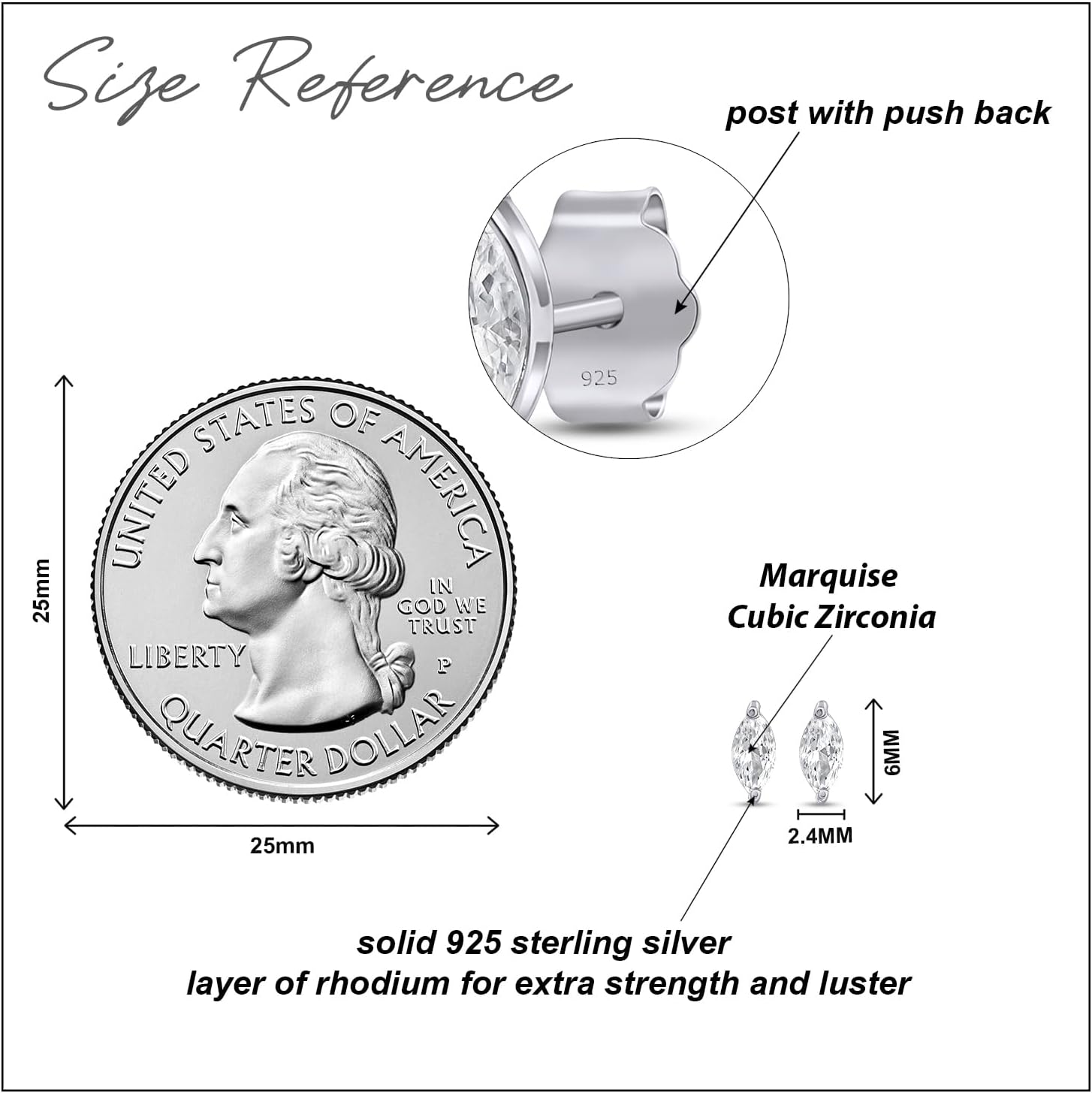 Stud Earrings For Women Marquise Cut White Moissanite 1/4 Cttw OR White Cubic Zirconia In 14k Gold Plated Sterling Silver Jewelry With Push Back - Image 2