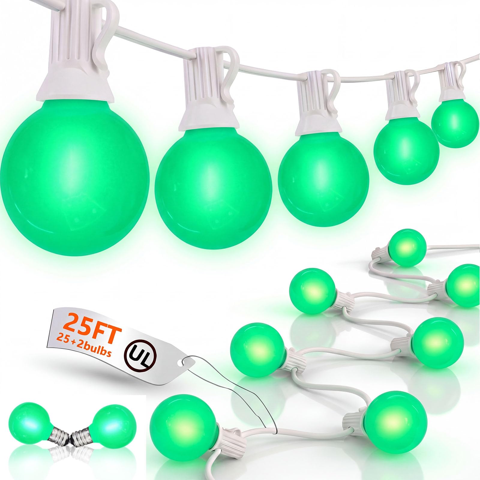 25FT G40 LED Outdoor St. Patrick's Day Green String Lights, St. Patrick's Day Decorations Lights with 27 Shatterproof Globe Bulbs, Hanging Patio Lights for Backyard Garden Party Wedding Christmas