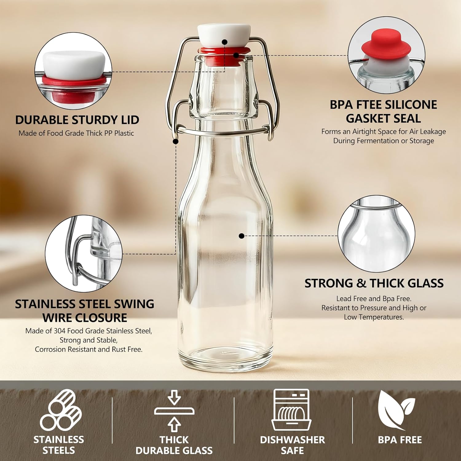 Ruckae 12 Pack 8.5oz Swing Top Glass Bottles with Lids Kombucha Coquito Flip Top Glass Bottle for Syrup Vanilla Extract Brew Beer Kefir Air Tight Bottles for Gift (8.5 oz 12 pack) - Image 4