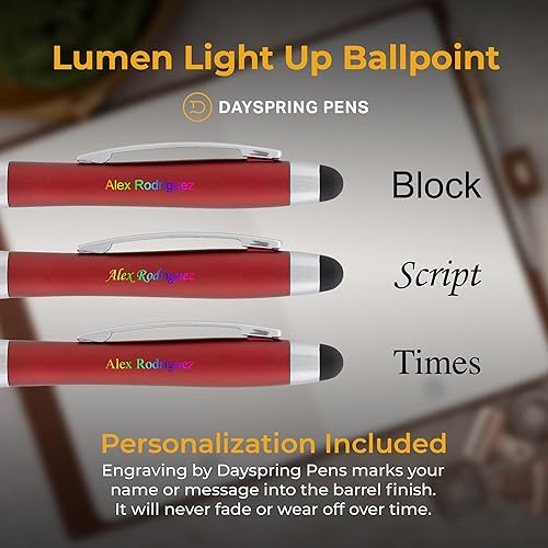 Vista 3 de Dayspring Pens Bolígrafo personalizado Bolígrafo con luz de luz roja. Un regalo personalizado con grabado que se ilumina. Lápiz capacitivo de clic