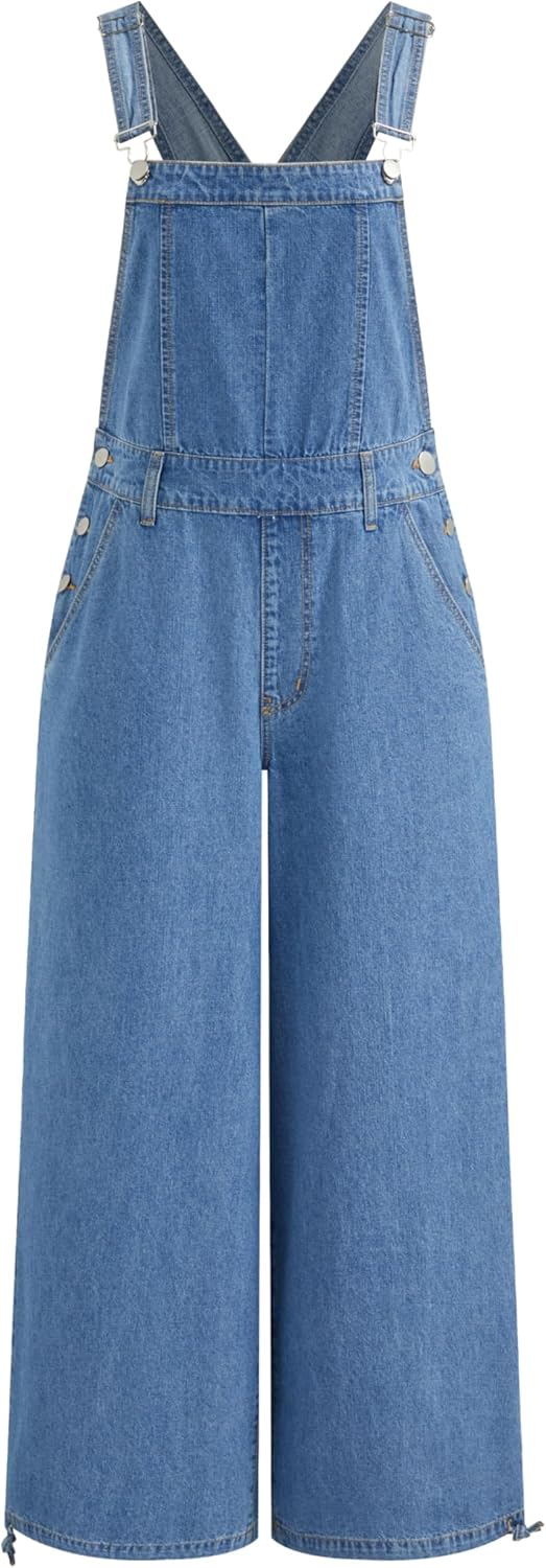 CIDER Overalls for Women Denim Leopard Pocket Buckle Up Wide Leg Jumpsuit
