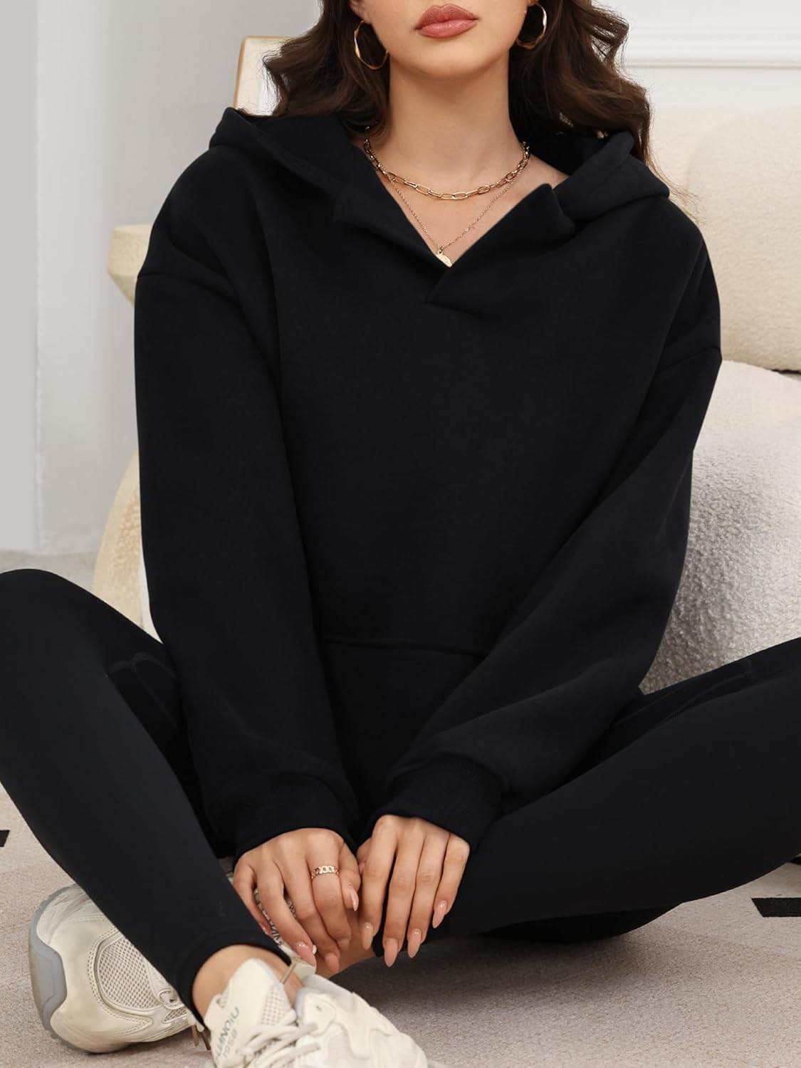 Elesomo Oversized Sweatshirts for Women, Fleece Hoodies, V Neck Sweat Shirt Long Sleeve Pullover Sweater (XL,Black) - Image 3