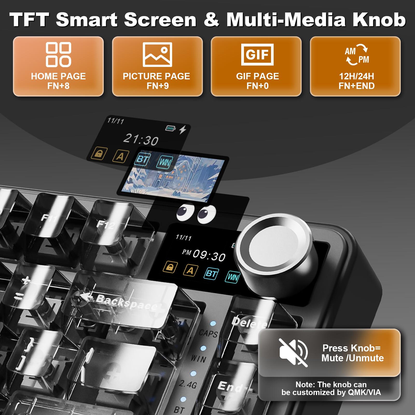 YUNZII B75 Pro Max QMK/Via Clavier Mecanique sans Fil, 75% Disposition avec Écran TFT et Molette, Gasket Hot Swap Switch Pré-lubrifiés, RGB, BT/Filaire/2,4G pour Win/Mac (Noir, Candy Switch) - 4