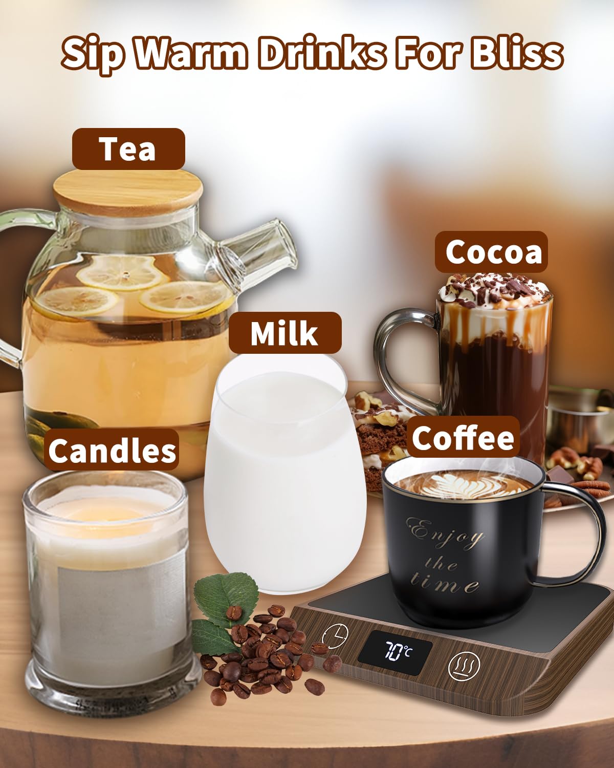 MYMULIKE Scaldabagni da caffè con 6 temperature (45 ℃ a 70 ℃ con schermo LED, scaldamanico e timer da 1 a 12 ore per auto, caffè, tè, latte, scaldamani